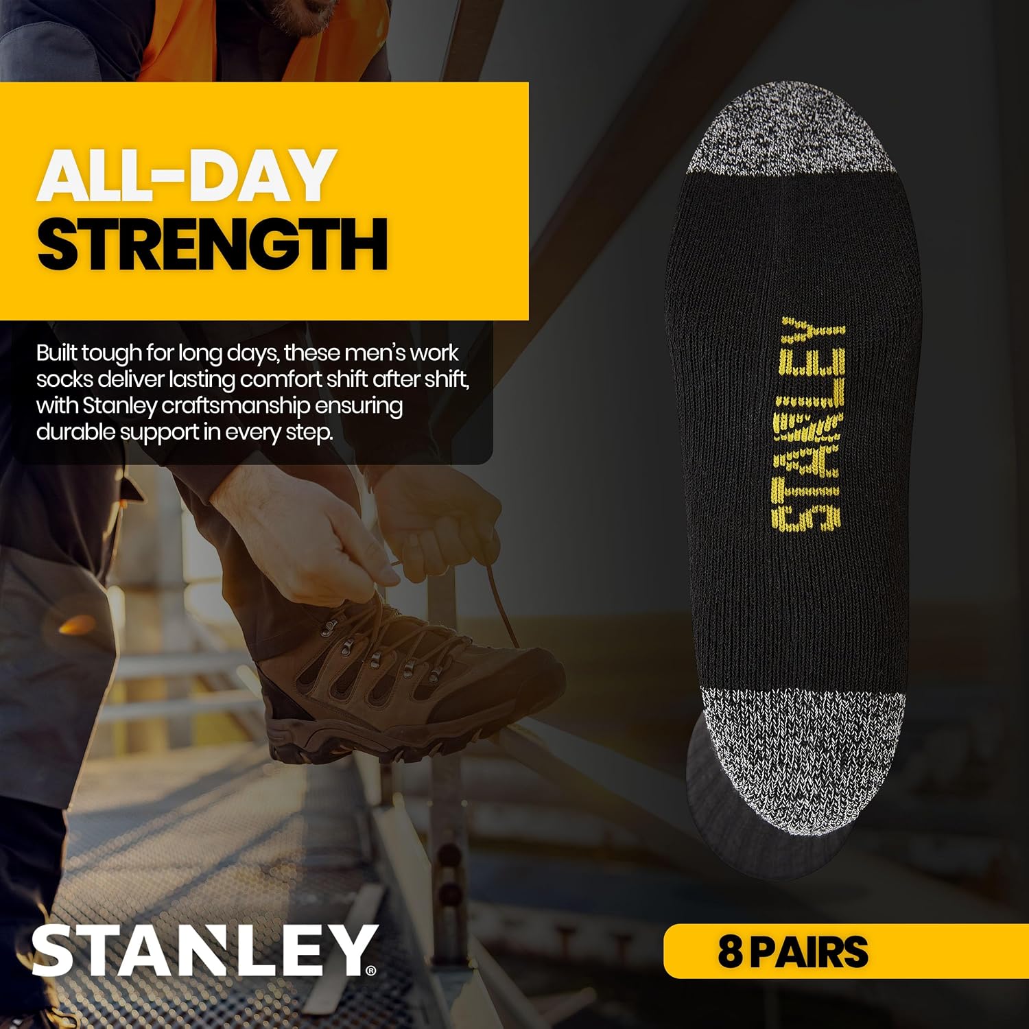 STANLEY Work Socks for Men – 8 Pairs Thick Cushioned Crew Length Work Boot Socks for Hiking