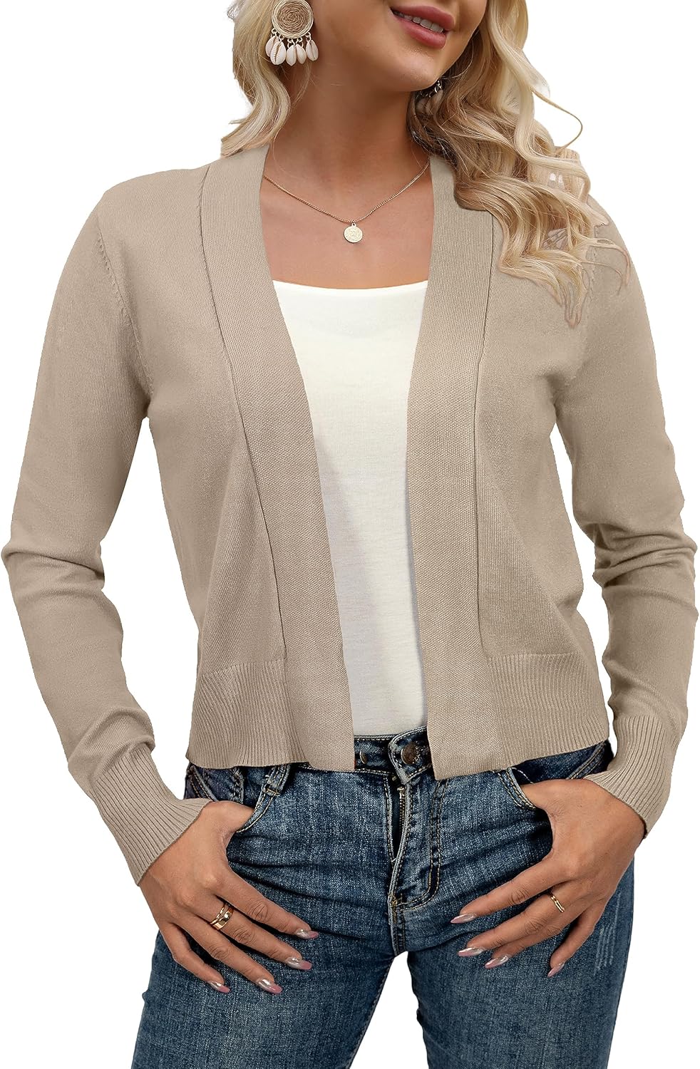 AAMILIFE Women Long Sleeve Cropped Knit Sweater Cardigans Open Front Bolero Shrug - Image 3