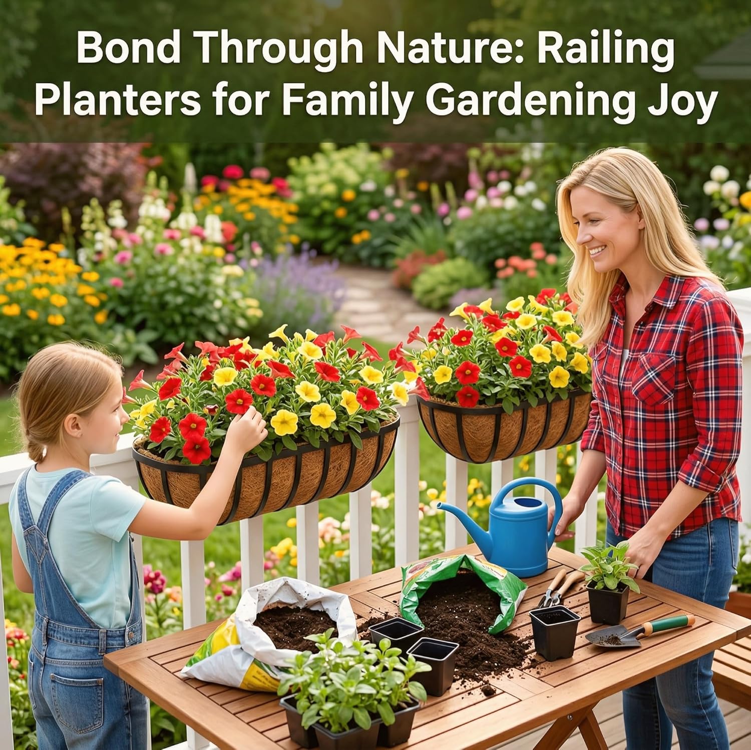 30 Inch 2 PCS Window Box Deck Railing Planter with Coco Liners, Hanging Flower Planters Black Metal Baskets for Indoor Outdoor, Balcony, Porch, Fence, Lawn and Patio