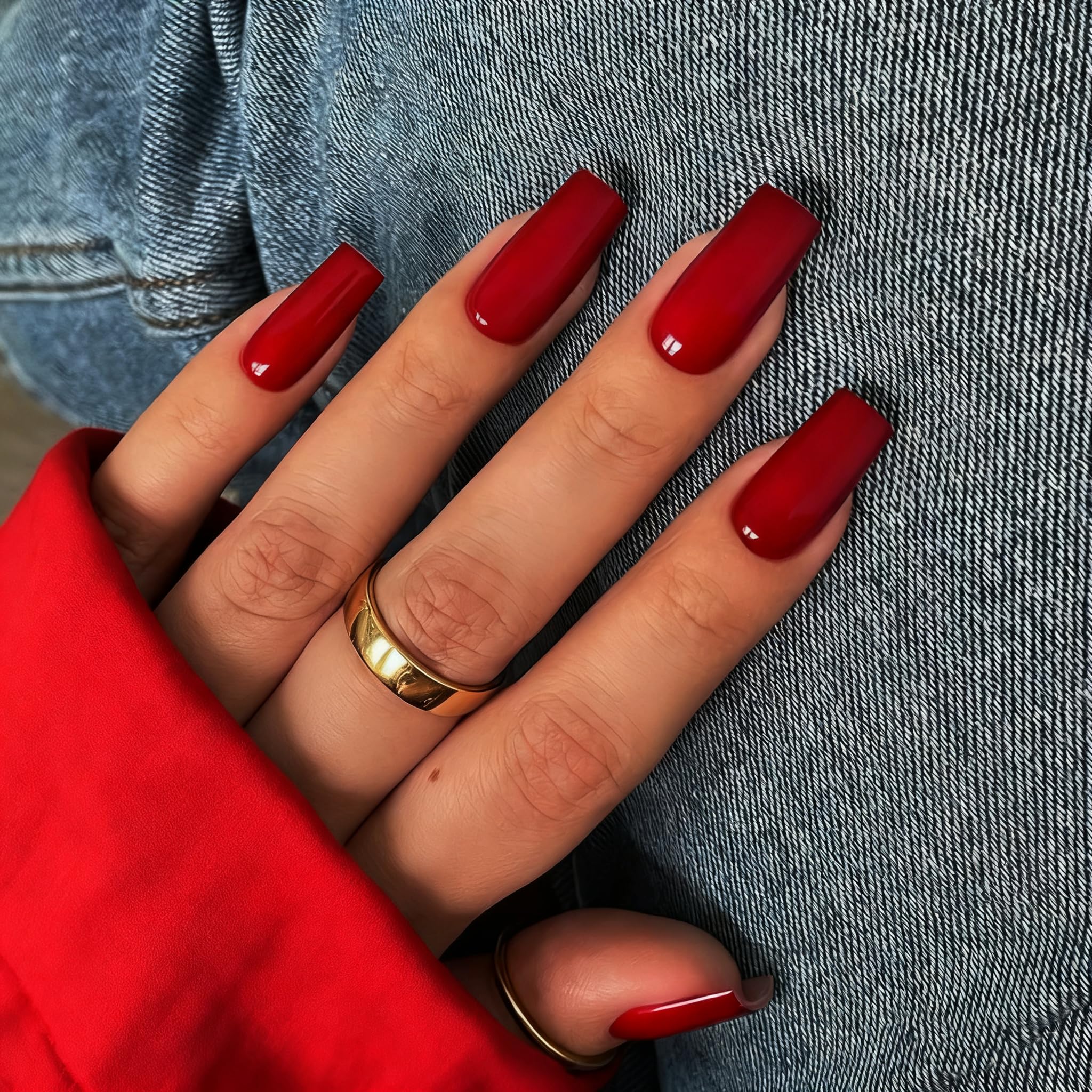 KQueenest Red Press on Nails Long Medium Square, Wine Red Fake Nails Medium Coffin, Glossy Opaque Color Acrylic Nails Press ons, Reusable Soft Gel
