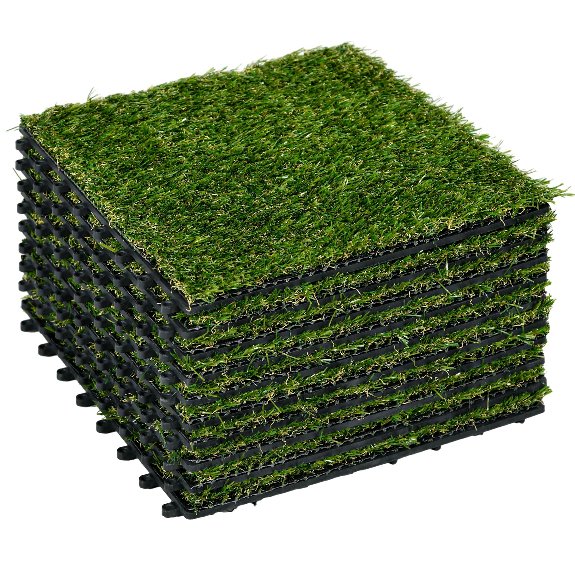Outsunny Tappeto erboso sintetico artificiale Set di 10 piastrelle 30 x 30 cm spessore comfort 3 cm ad incastro verde