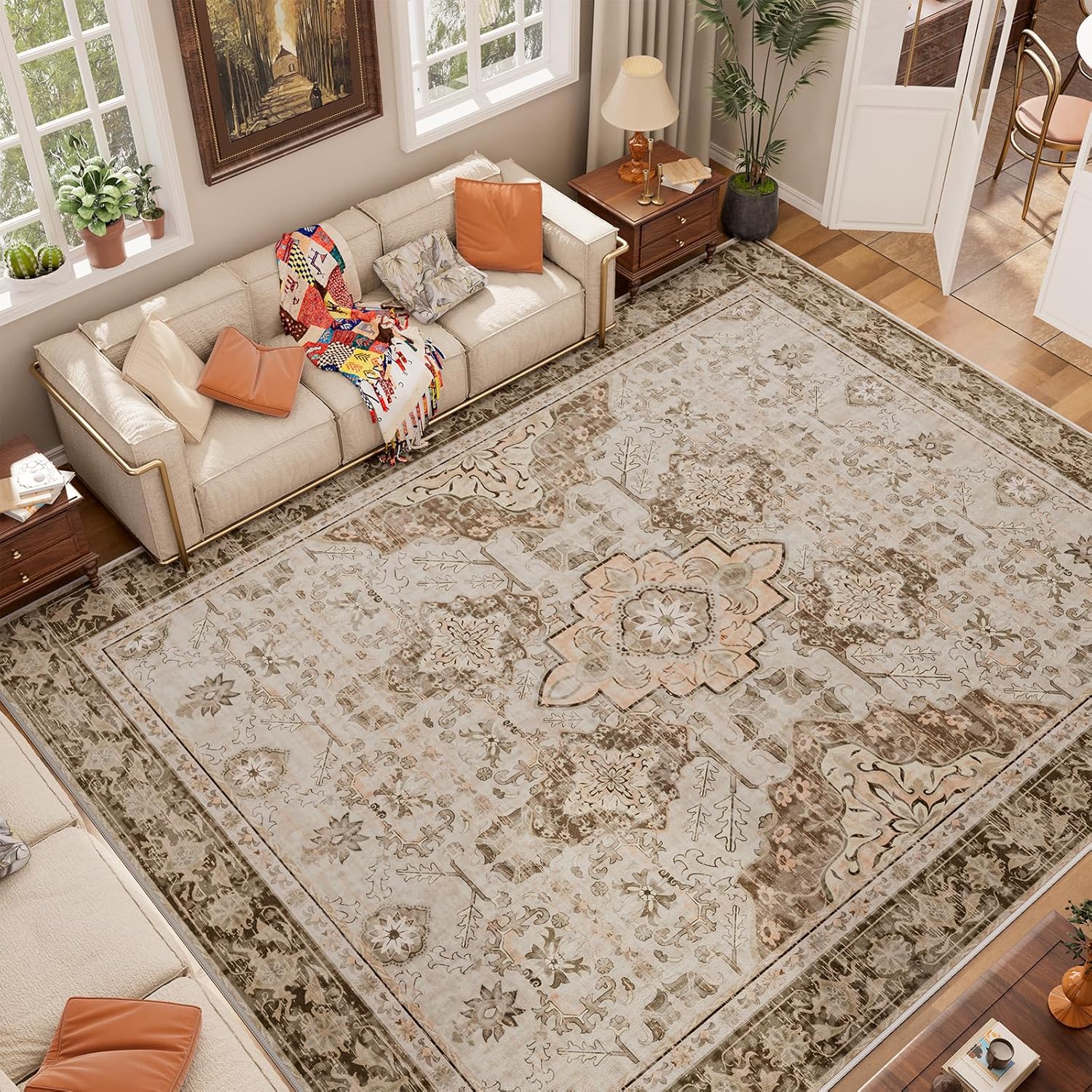AMTOVO 8x10 Area Rugs for Living Room, Large Non-Slip Washable Rug, Boho Vintage Retro Medallion Print Pattern Carpet for Bedroom Dining Room Home Office Nursery Dorm Farmhouse, Light Brown