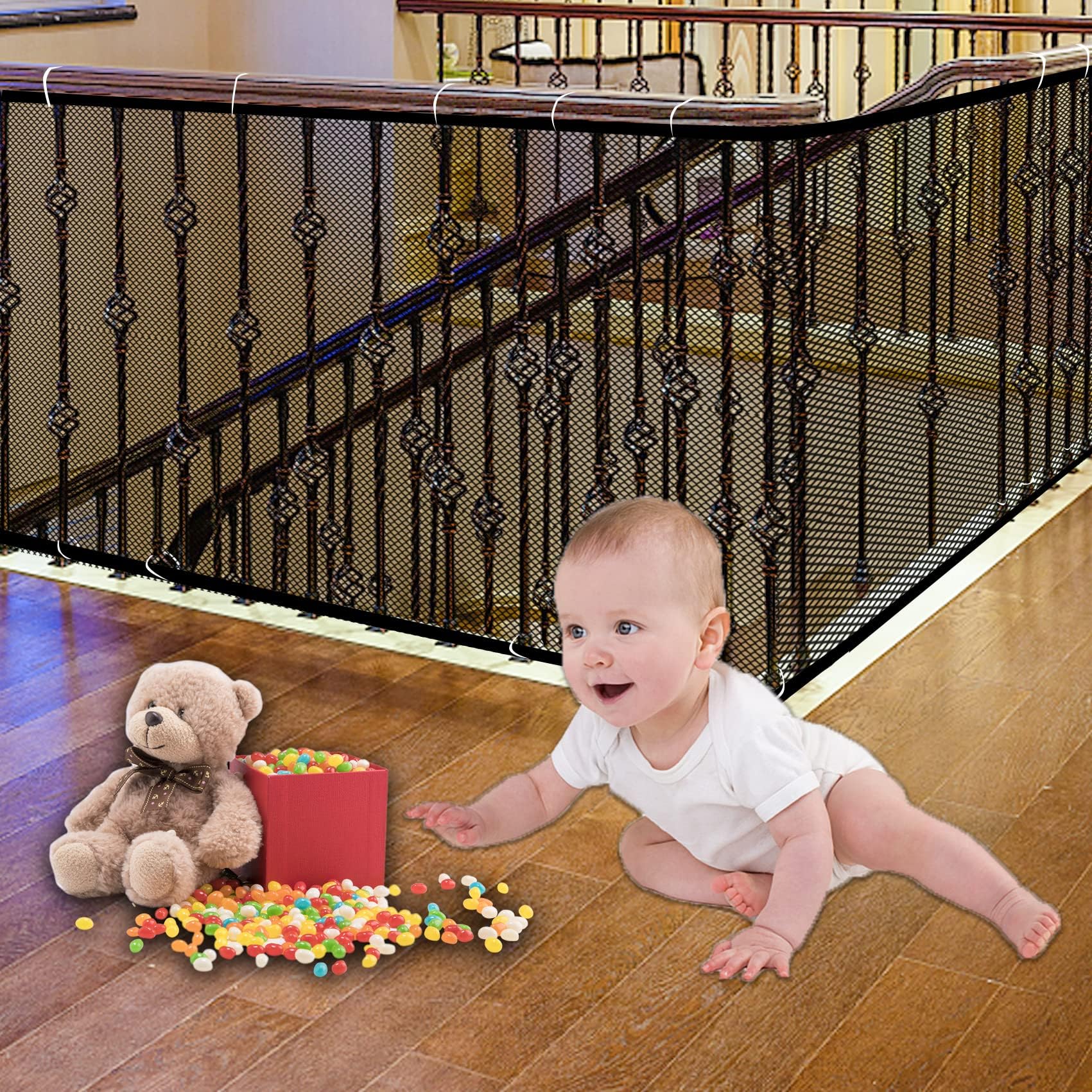 JIFTOK Baby Gate for Stairs, Banister Guard for Kids, Pets, Toys, 10ft L x 2.6 ft H, Mesh Netting Safety Net for Balcony Rail Stair, Stairway Net Baby Safety Products for Indoor & Outdoor (Black)