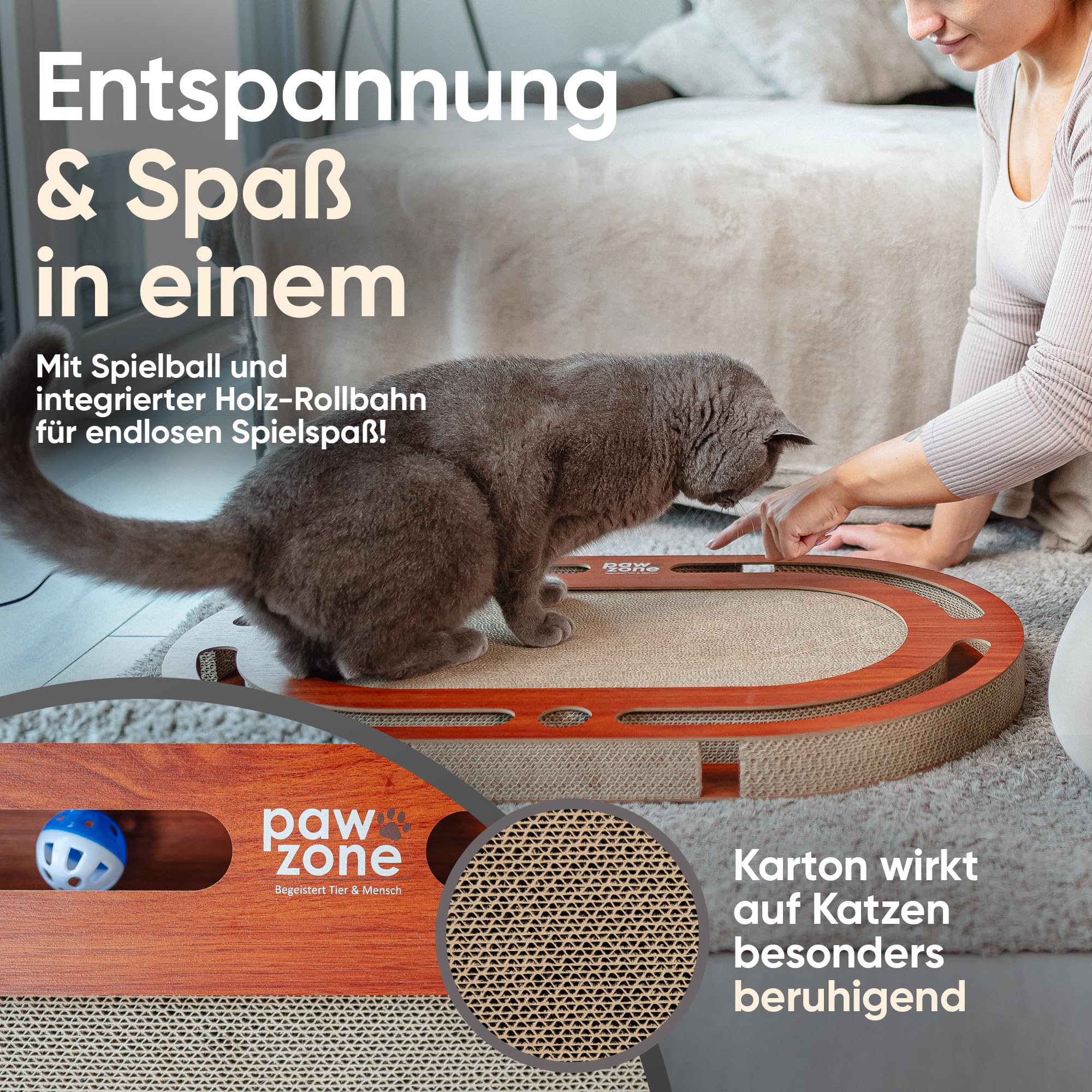PAWZONE Rascador – se puede utilizar por ambos lados + cartón intercambiable – Incluye juguete para gatos – Cartón rascador XXL de alta calidad en MDF estable – Alfombrilla para rascar – Accesorios