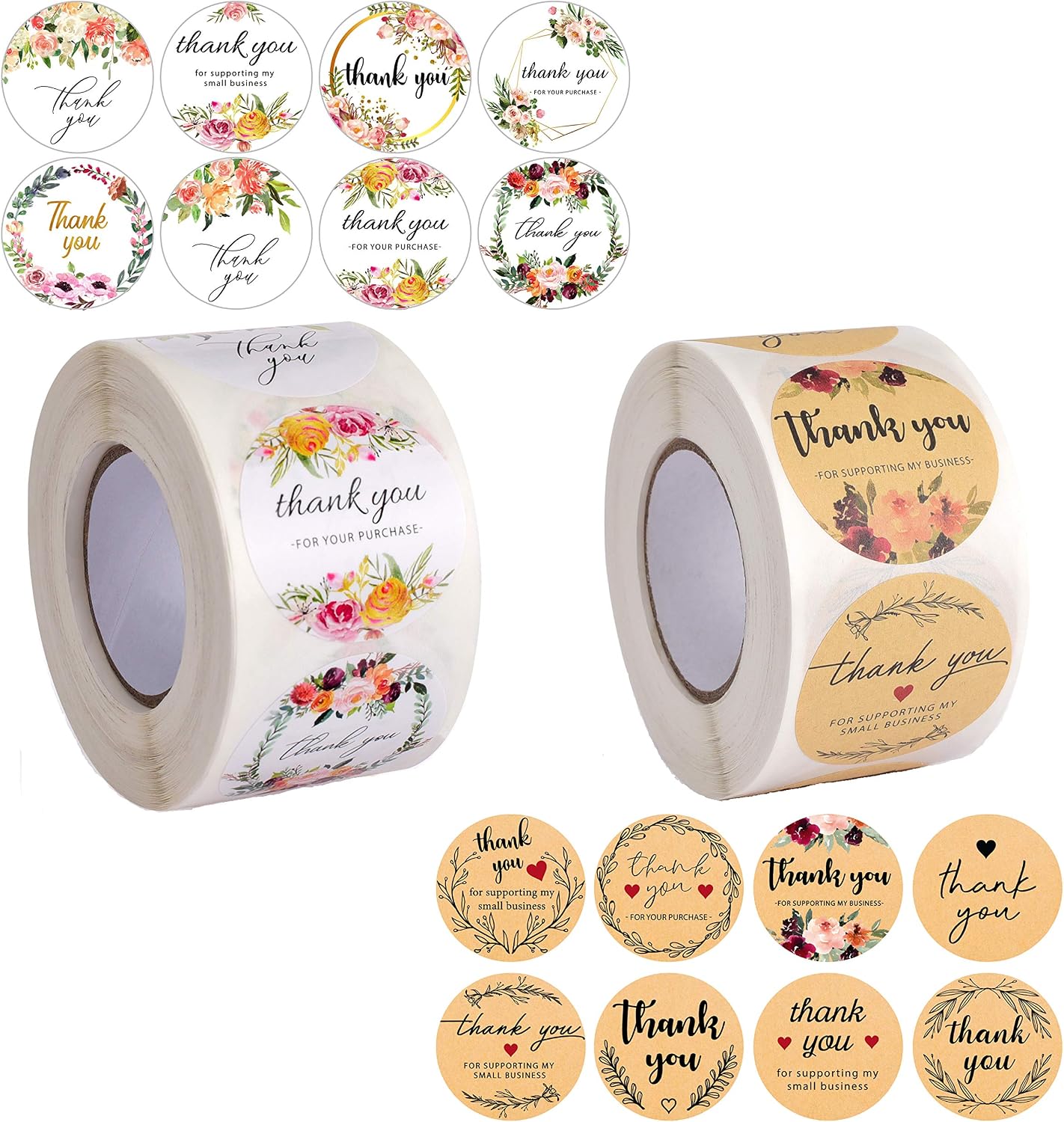 Avamie 1000 PCS Thank You Stickers Rolls, 1.5 inch Thank You for Supporting My Small Business Stickers, 16 Unique Designs, Thank You Stickers Labels 2 Rolls (Floral and Kraft)