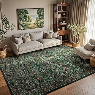 Vintage Botanical Floral Area Rug - 6x9 Washable Living Room Rug Moss Gr...