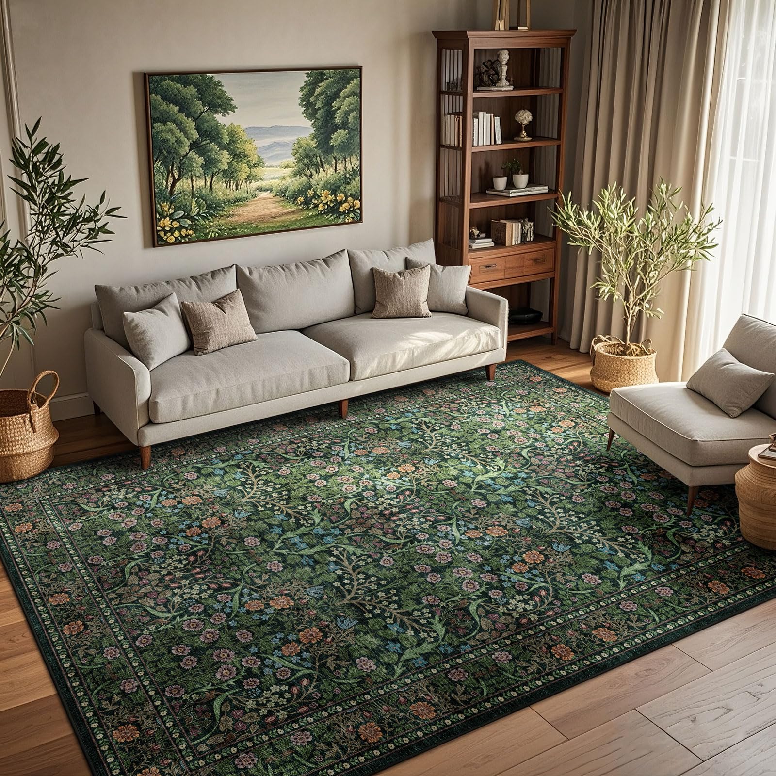 Othilic Floral 5x8 Living Room Area Rug - Moss Green Soft Washable Boho Rugs for Bedroom Aesthetic Stain Resistant Floor Carpet Non Slip Vintage