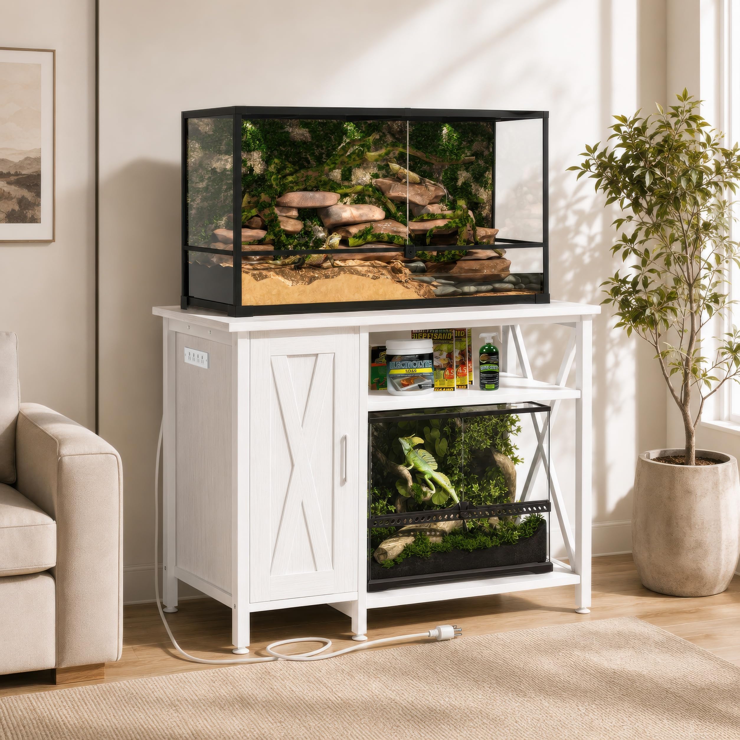 Herture 120 Gallon Terrarium Stand, Reptile Tank Stand, 4x2x2 Reptile Enclosure Stand, with Storage Cabinet and Power Outlet, for Bearded Dragons, Snakes, Lizard Terrarium White PG08XYW