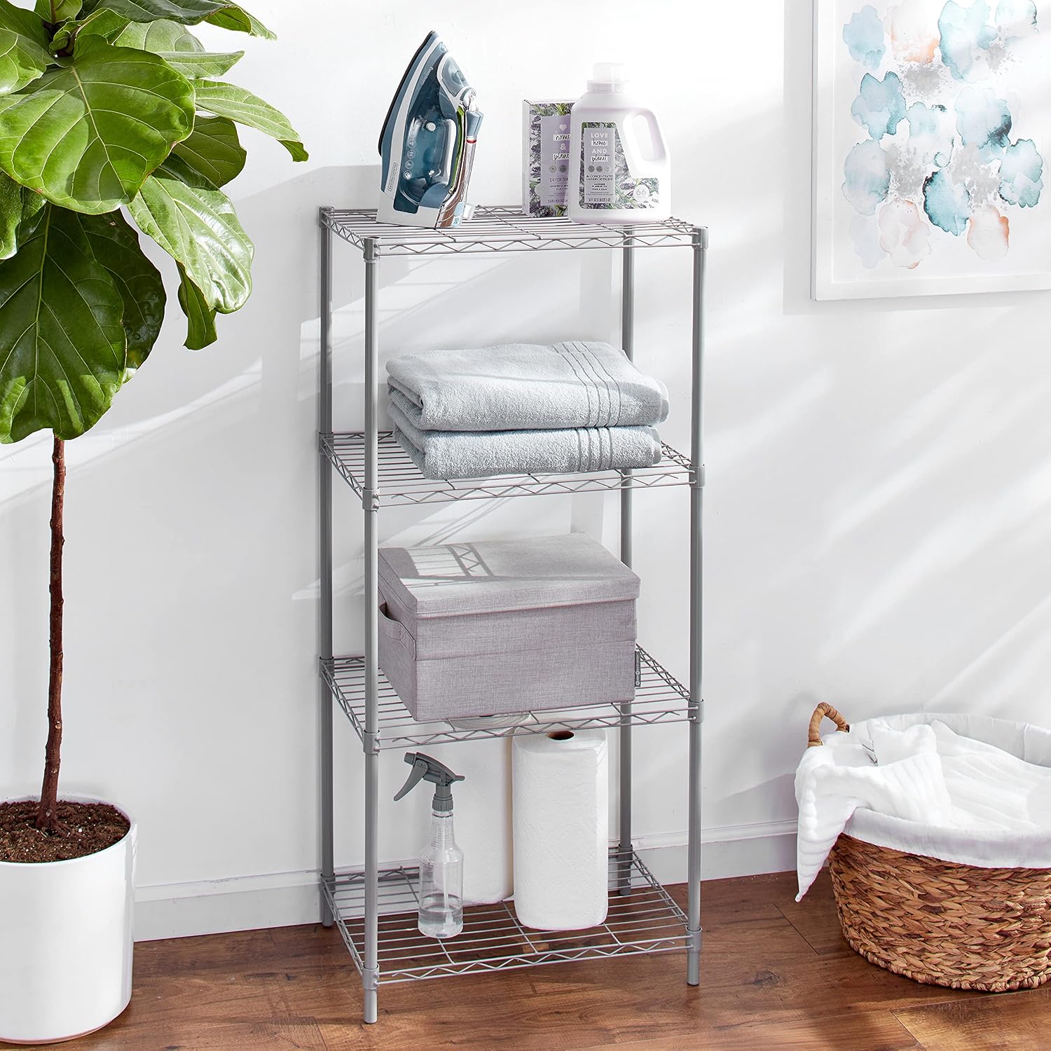 Home Basics 4 Tier Steel Wire Shelf Rack Heavy Duty Storage Shelving Unit for Kitchen Pantry Laundry Garage Closet Utility Organization , Grey