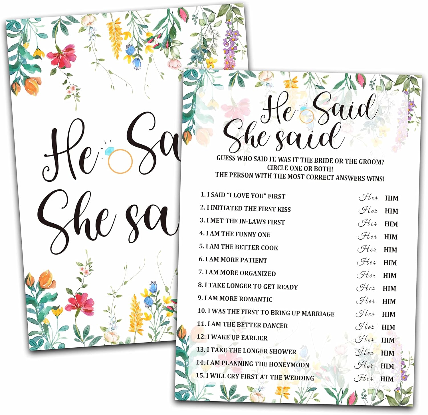Wildflowers Bridal Shower Games Cards, Boho Greenery Floral