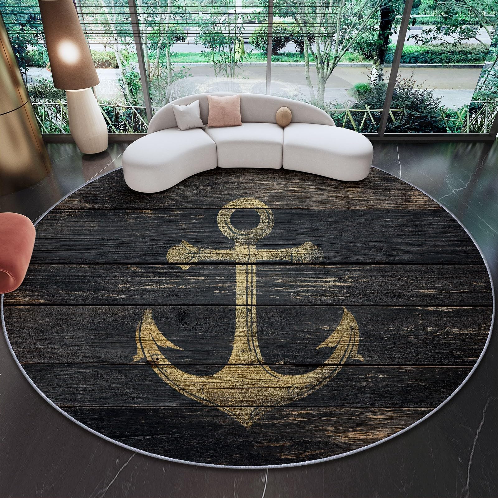 Tapis rond aspect bois imprimé artistique 150 cm antidérapant