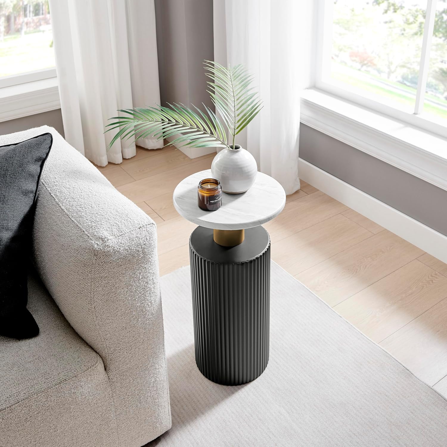 Danya B. Fritz Midcentury Modern Column Side Accent Table with Textured Black Base Gold Metal Column Accents and Faux Marble Laminate Tabletop