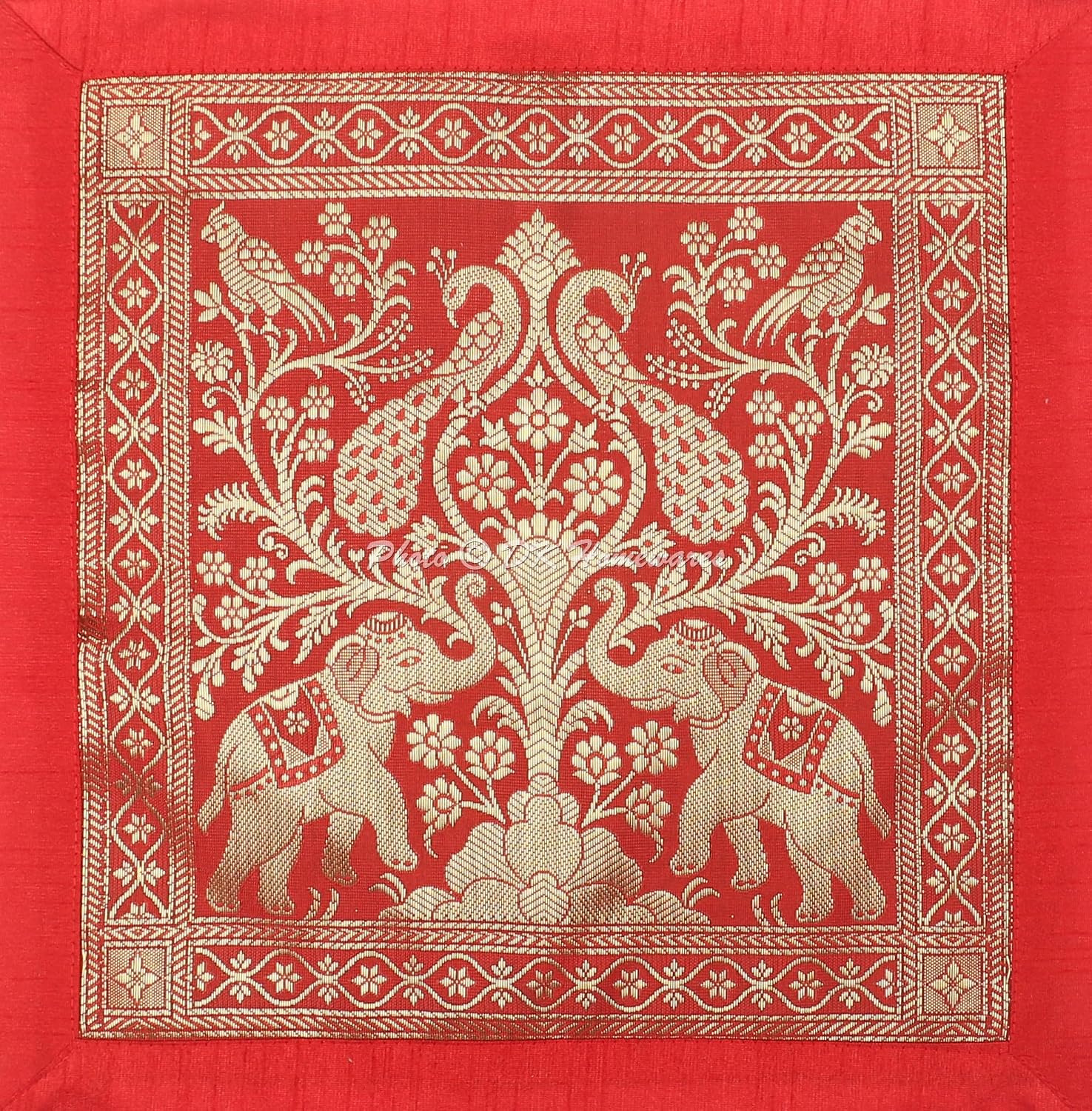 Decorative Throw Cushion Covers 12 Inch Brocade Jacquard Weave Indian Square Elephant Cushion Covers (Size - 30x30 cm ; Color: Red & Gold) - Set of 5 Pcs (Cover Only)