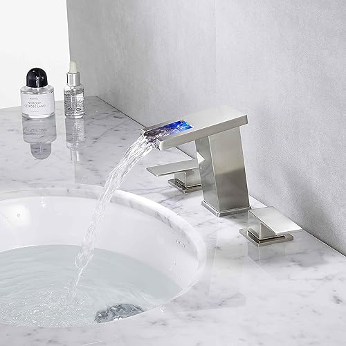 Miniatura 4 de Grifo generalizado de luz LED para níquel cepillado de 3 agujeros, 8 pulgadas, grifo de baño moderno de cascada con drenaje desplegable y manguera