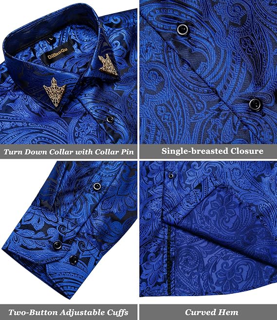 DiBanGu Mens Dress Shirt Silk Paisley Long Sleeve Button Down Shirt for Men with Collar Pin Brooch Causal Shirt Wedding Party