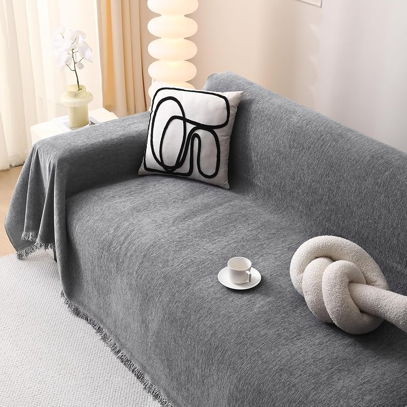 MEETSKY Couch Covers for Dogs, Washable Couch Covers, Pet Sofa Covers for 3 Cushion Couch, Chenille Thick Sectional Couch Cover Blanket Modern Furniture Protector Covers, 91" x 134", Dark Grey