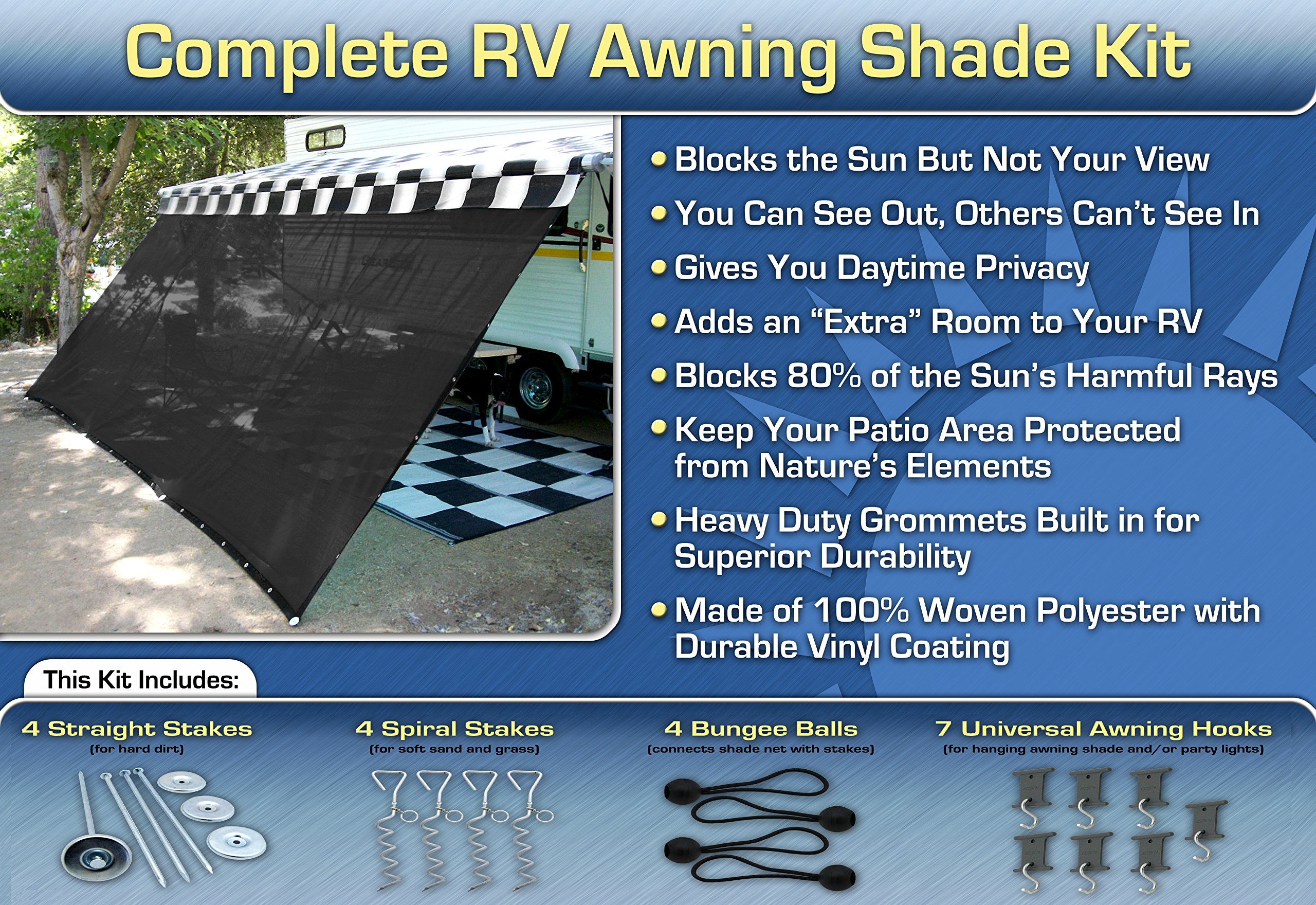 EZ Travel Collection RV Awning Shade Kit Black Motorhome Awning Screen Trailer Kit 10x15