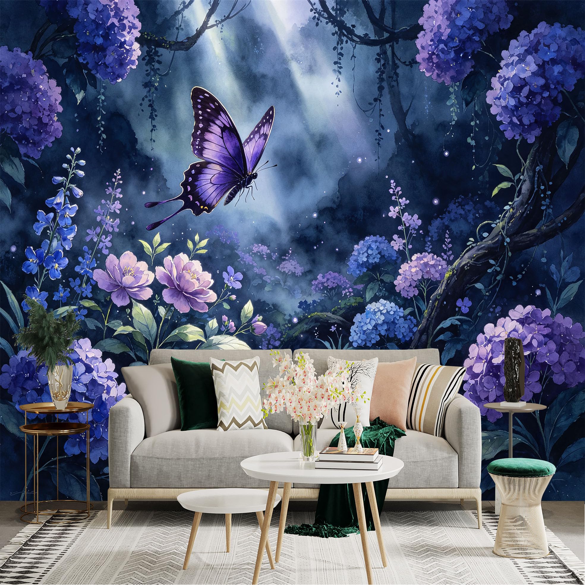 Lnzczhyre Bh260719091 Custom Size Wall Sticker Mural， Purple Butterfly In Enchanted Garden， Hydrangeas And Glowing Forest Light， For Wall Decoration， Peelandstick Wall Decals.