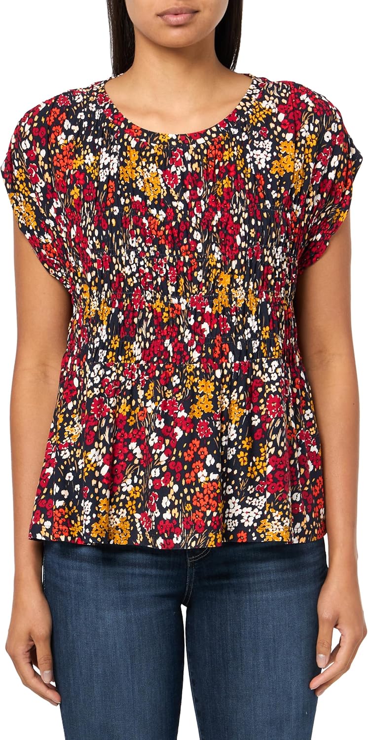Tommy Hilfiger Womens Smocked Floral Printed Cap Sleeve Sportswear Top
