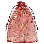 Jexila 100PCS Christmas Organza Bag 5\'\'X7\'\' Red Snowflake Mesh Drawstring Jewelry Gift Bags for Xmas Wedding Party Favor Treat Bags