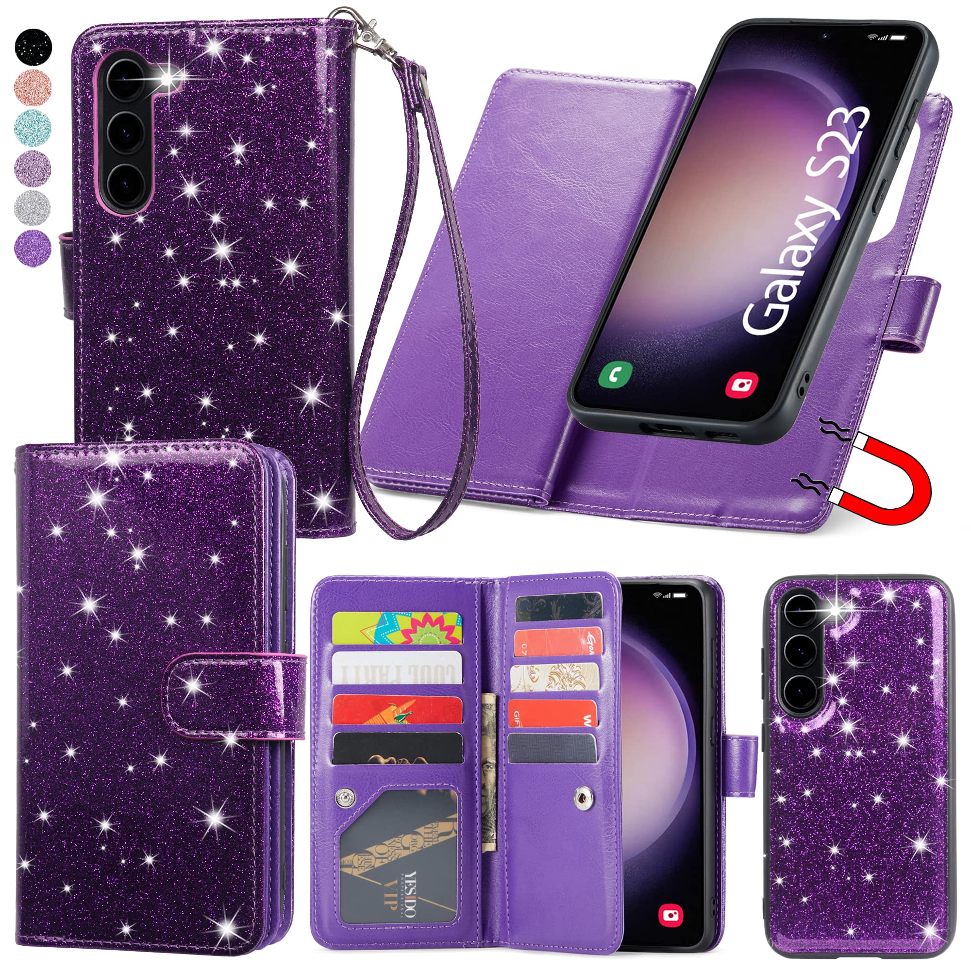 Varikke for Samsung Galaxy S23 Case Wallet, Detachable Magnetic Wallet Flip Cases with Card Holder & Kickstand & Wristlet, Glitter PU Leather Cover Fits Samsung Galaxy S23 for Women Men, Dark Purple