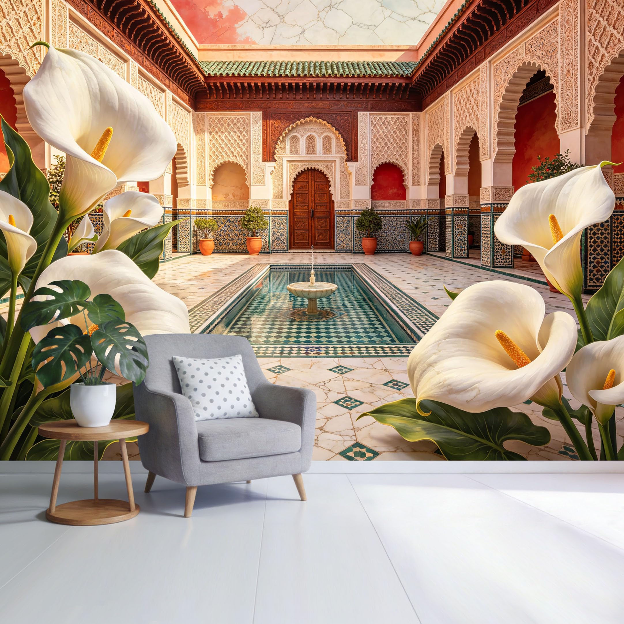 Custom Size Wall Mural Moroccan Courtyard Architecture White Calla Lily Floral Pattern Watercolor Style SelfAdhesive Wall Fabric Removable Wallpaper for Home Office Decor