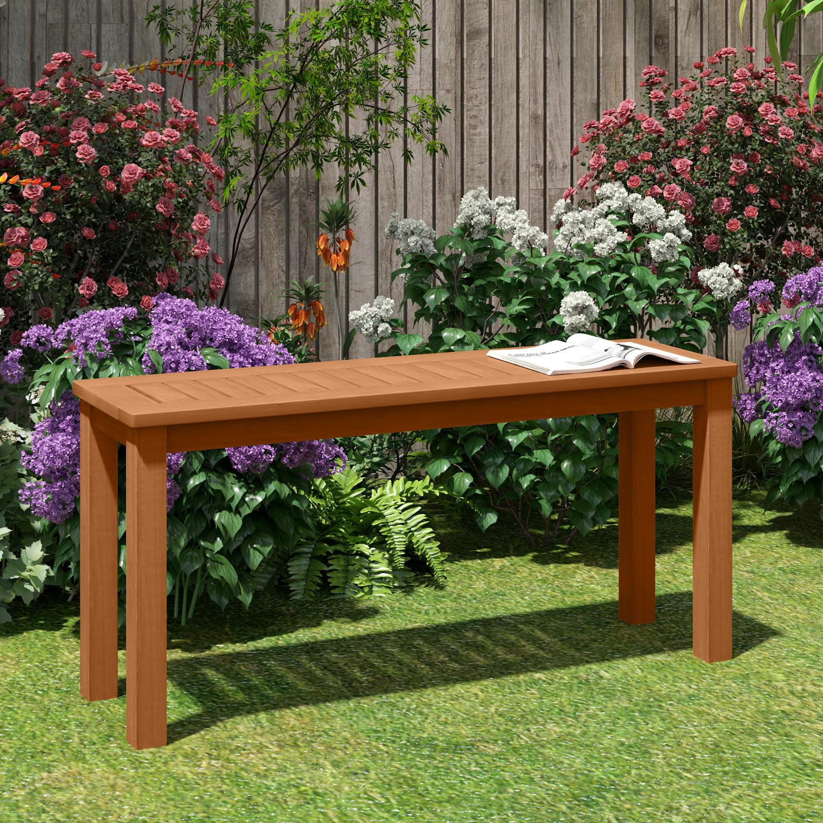 KOMFOTTEU Banco de Jardín de Madera para 2 Personas, 100 x 31 x 47 cm | Banco para Exterior, Asiento de Listones con Acabado de Aceite de Teca, para Patio, Porche