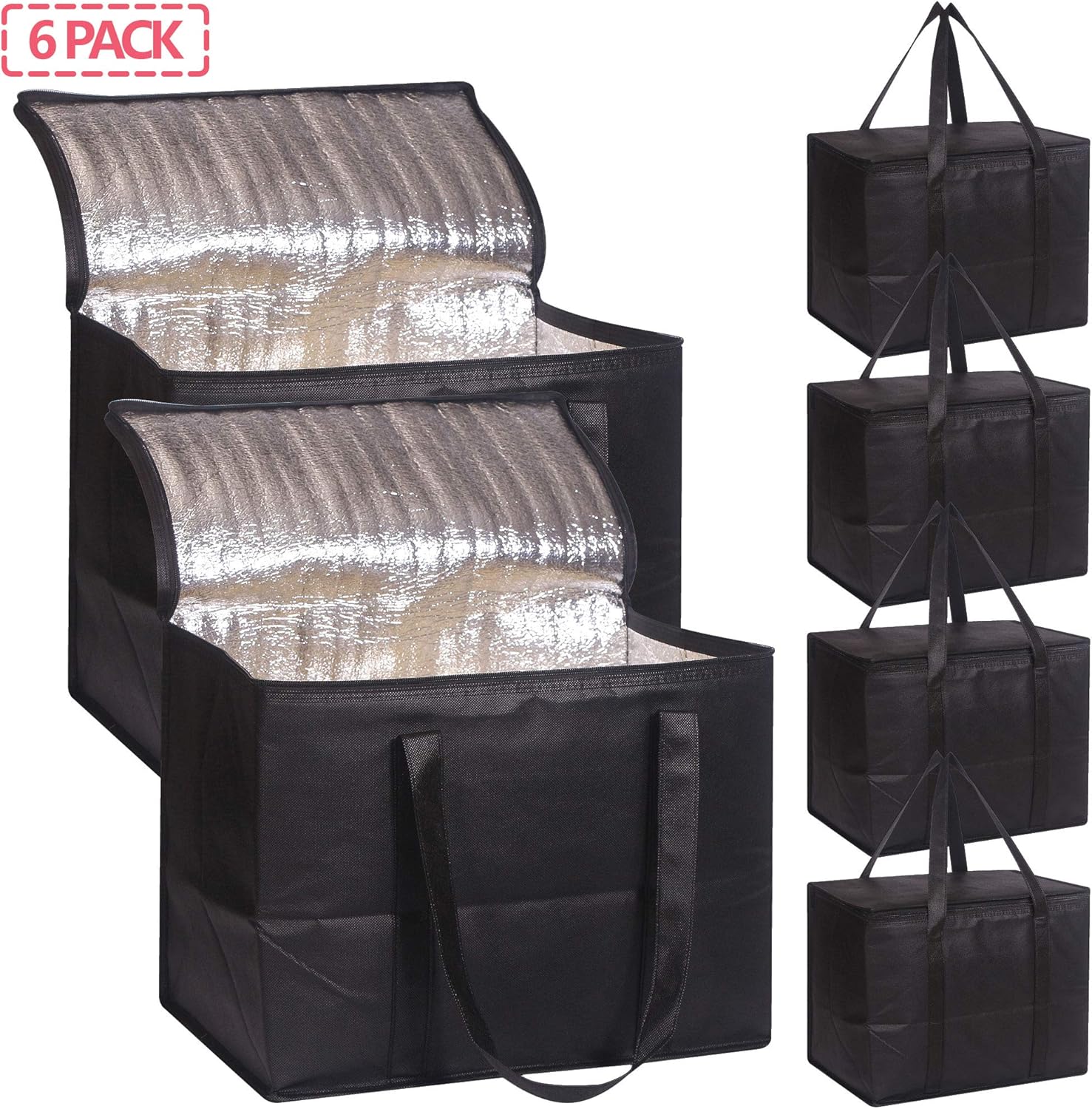 Set of 6 Large Insulated Reusable Grocery Bags with Sturdy Zipper and Handles, Foldable Washable Heavy Duty Cooler Totes for Hot or Cold Food Delivery, Groceries, Travel, Shopping - Image 3