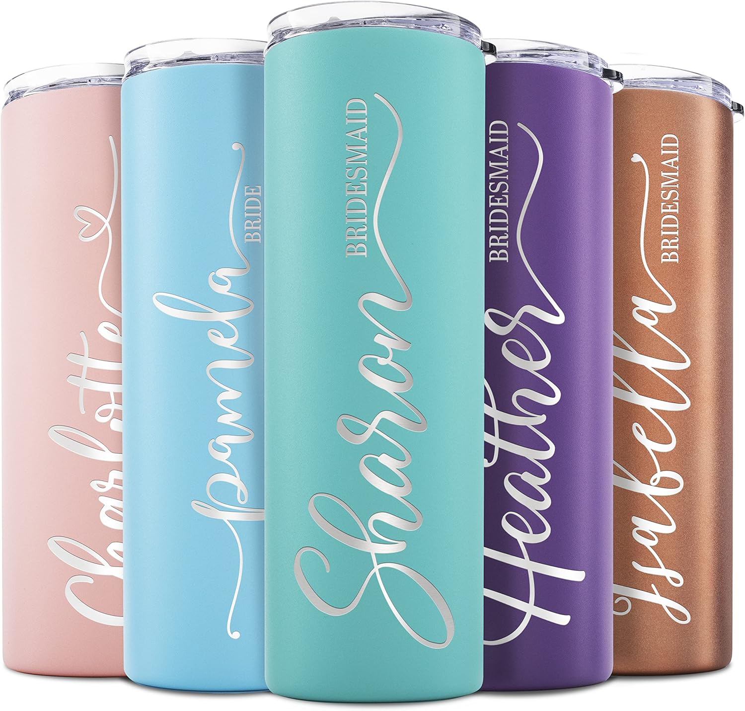 Lily's Atelier Bridesmaid Gifts Set of 5, Personalized Bridesmaid Tumbler W/Name and Title - 8 Vivid Colors, 5 Designs - 20 Oz Engraved Skinny Tumbler W/Straw Set