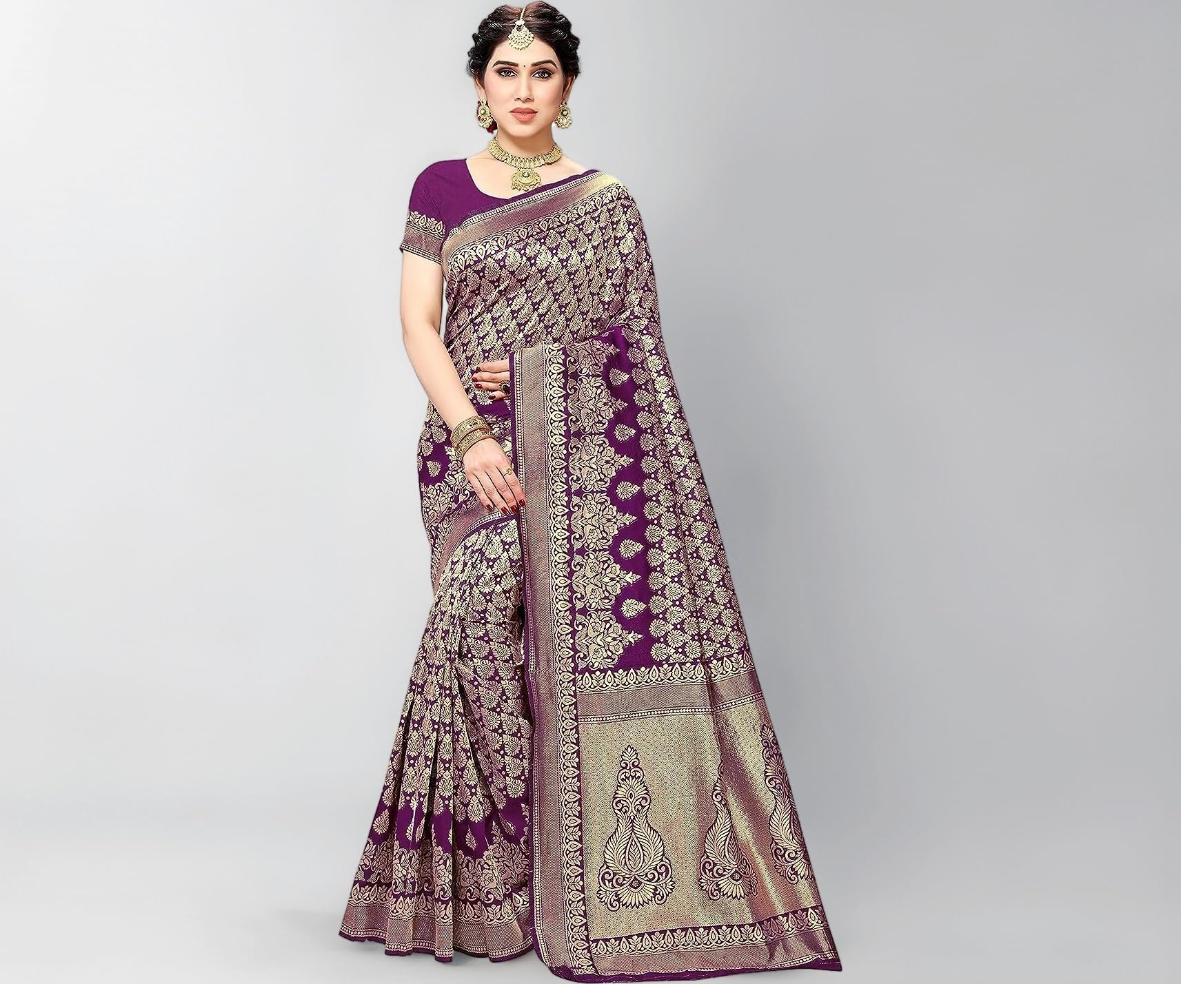 Yashika Women's Trendy Banarasi Kanjivaram Navy Color Art Silk Saree with Blouse Material