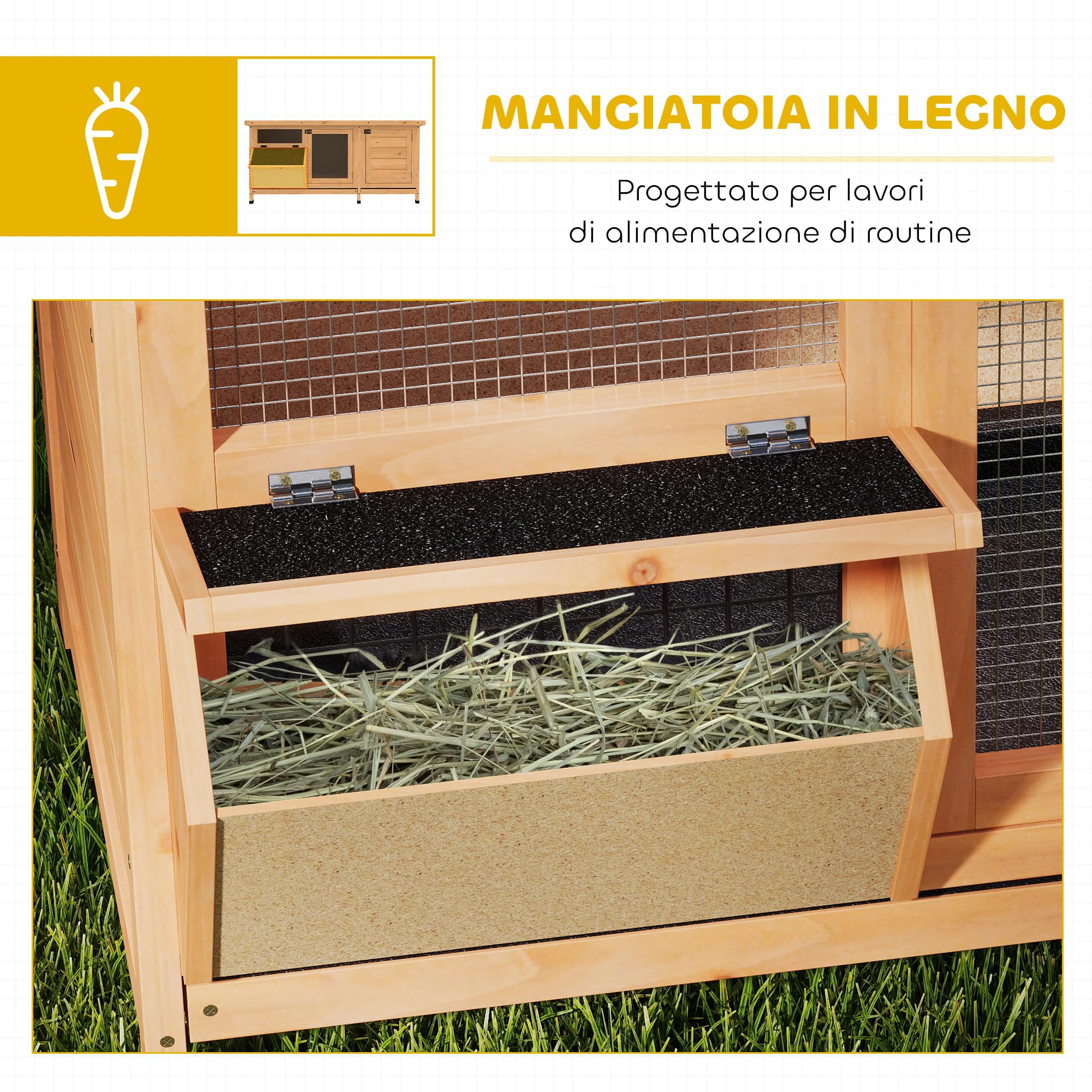 PawHut Conigliera in Legno da Esterno con Tetto in Asfalto, Gabbia per Conigli con Casetta e Porte con Chiavistello, Vassoi Estraibili e Mangiatoia, 112x50x54 cm, Giallo
