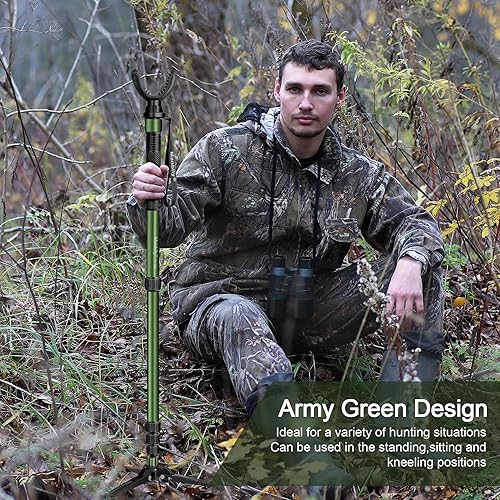 Miniatura 6 de Manbily Monopod de palo de tiro con base de trípode de tres soportes, con yugo giratorio y extraíble en forma de U para caza, tiro y exteriores,