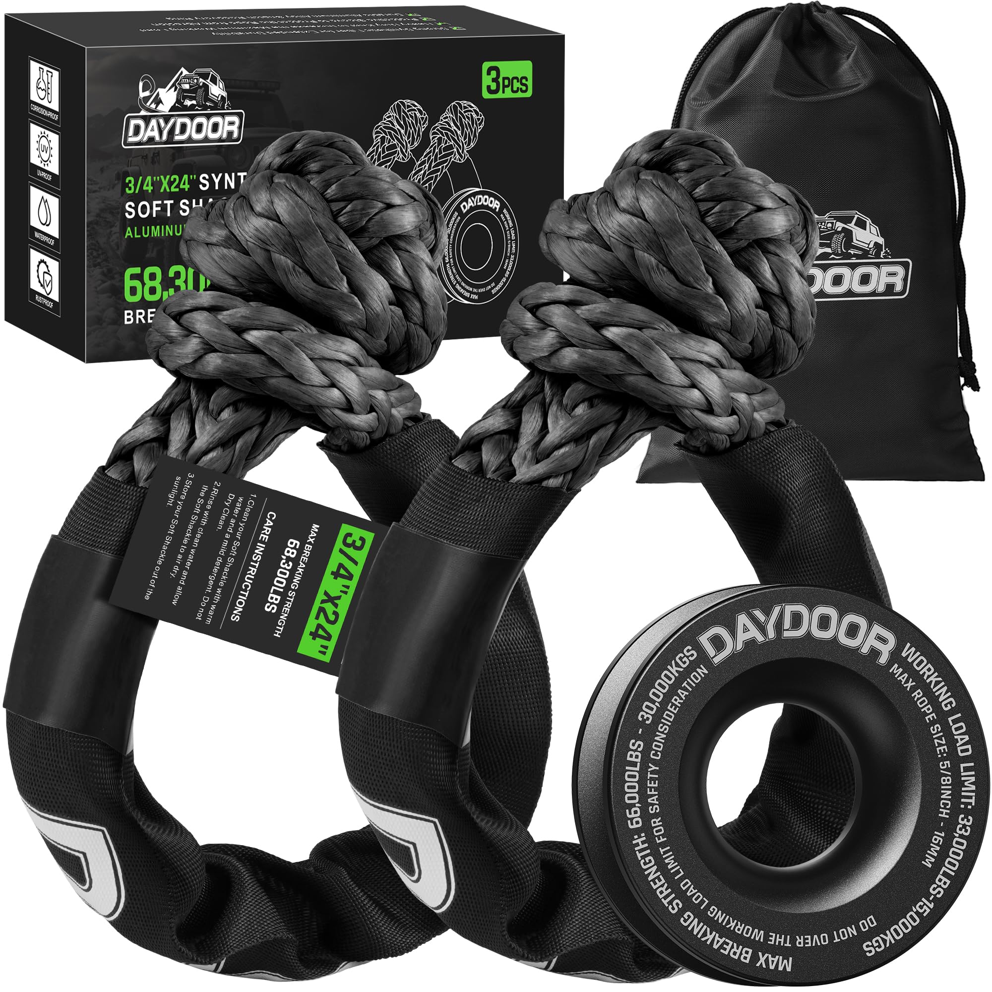 DAYDOOR 68,300 LBS Soft Shackle Recovery Kit, 3/4" x 24" (2-Pack) with 7075 Aluminum Snatch Ring, Winch Accessory for Ford F250/F350, Ram 2500/3500, Heavy Tractor & Full-Size Trucks(Gray)