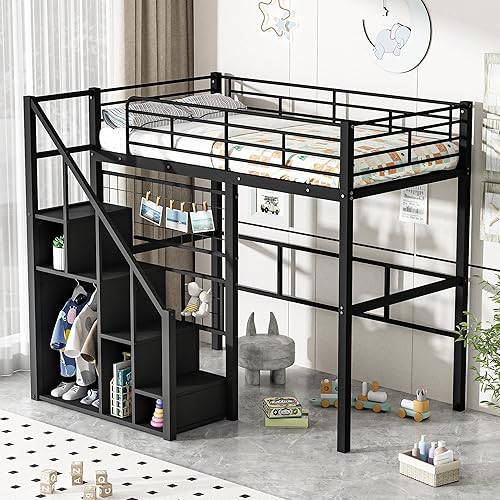 Bellemave Twin Loft Bed with Stairs and Storage, Metal Loft Bed Frame with Wardrobe and Safety Guardrails, Space Saving Loft Bed Twin Size for Kids & Teens, No Box Spring Needed, Black