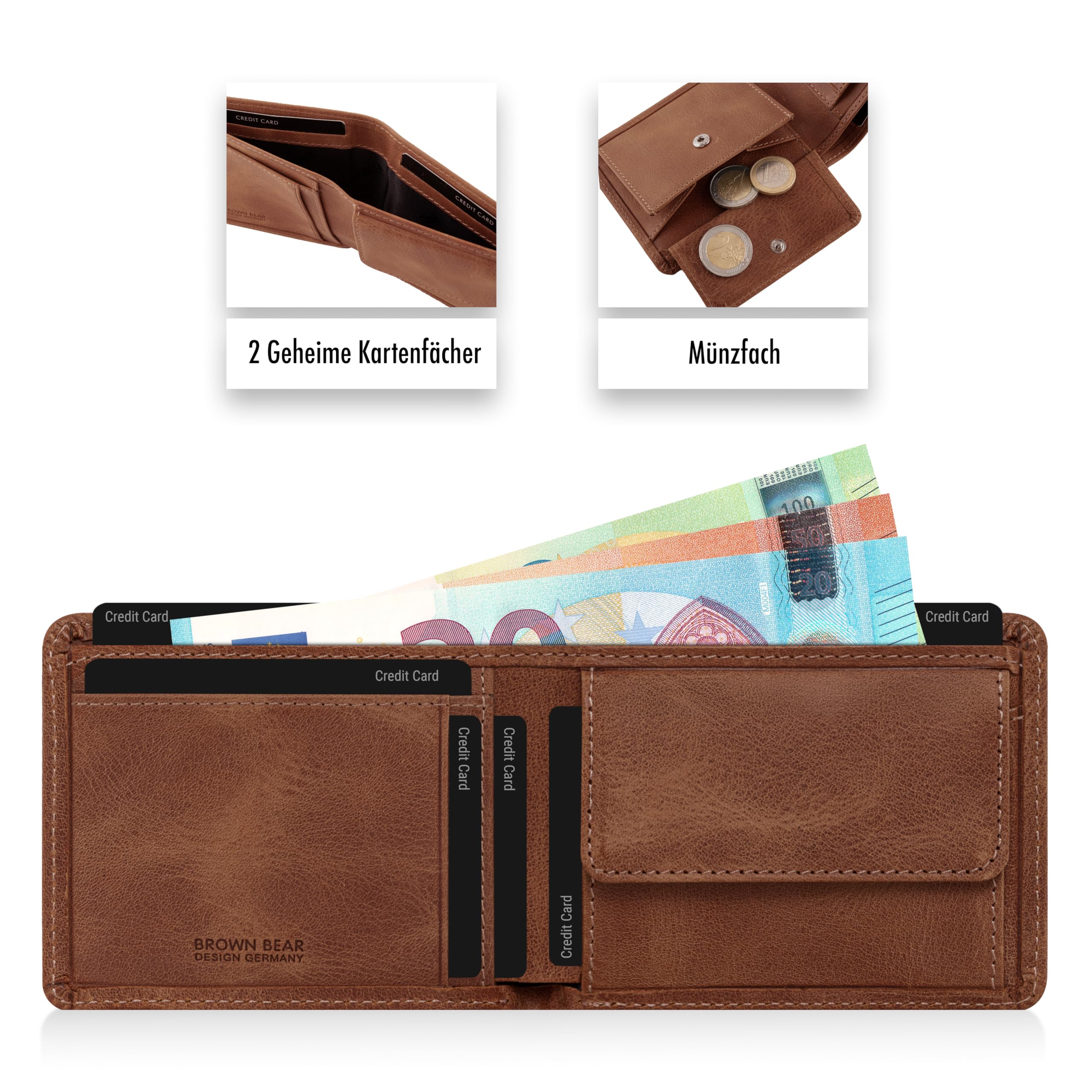 BROWN BEAR Geldbörse Herren klein Leder mit Münzfach Braun - BB 8061 WBR