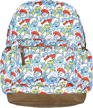 The Smurfs Backpack Papa Smurf and Smurfette Allover Collage Design Laptop Tech Sleeve School Book Bag Daypack 16"