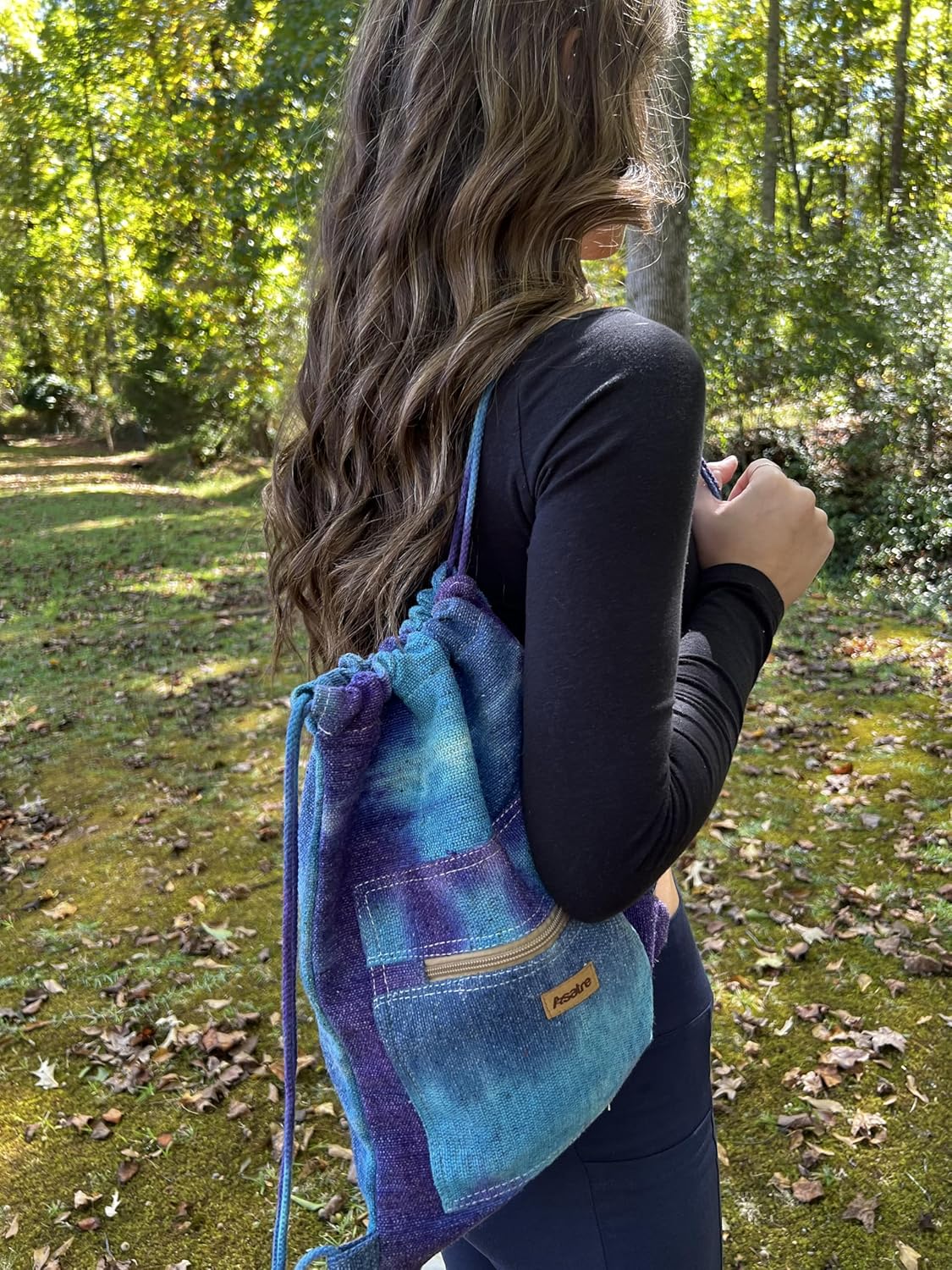 Asatre Hemp Drawstring Gym Bag, Travel Bag, Grocery Bag - Handmade Tie Dye Hemp Bag - String Backpack (Tie Dye Blue)