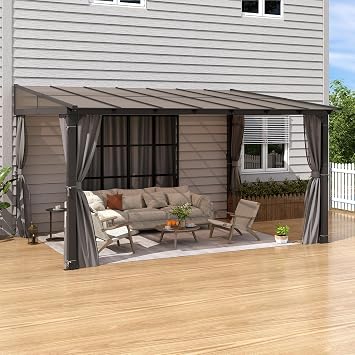10 x 13 Wall Mounted Gazebo,Lean to Gazebo with Aluminum Frame Polycarbonate Hardtop Gazebos Pergola with Sloping Roof for Outdoor, Backyard, Patio