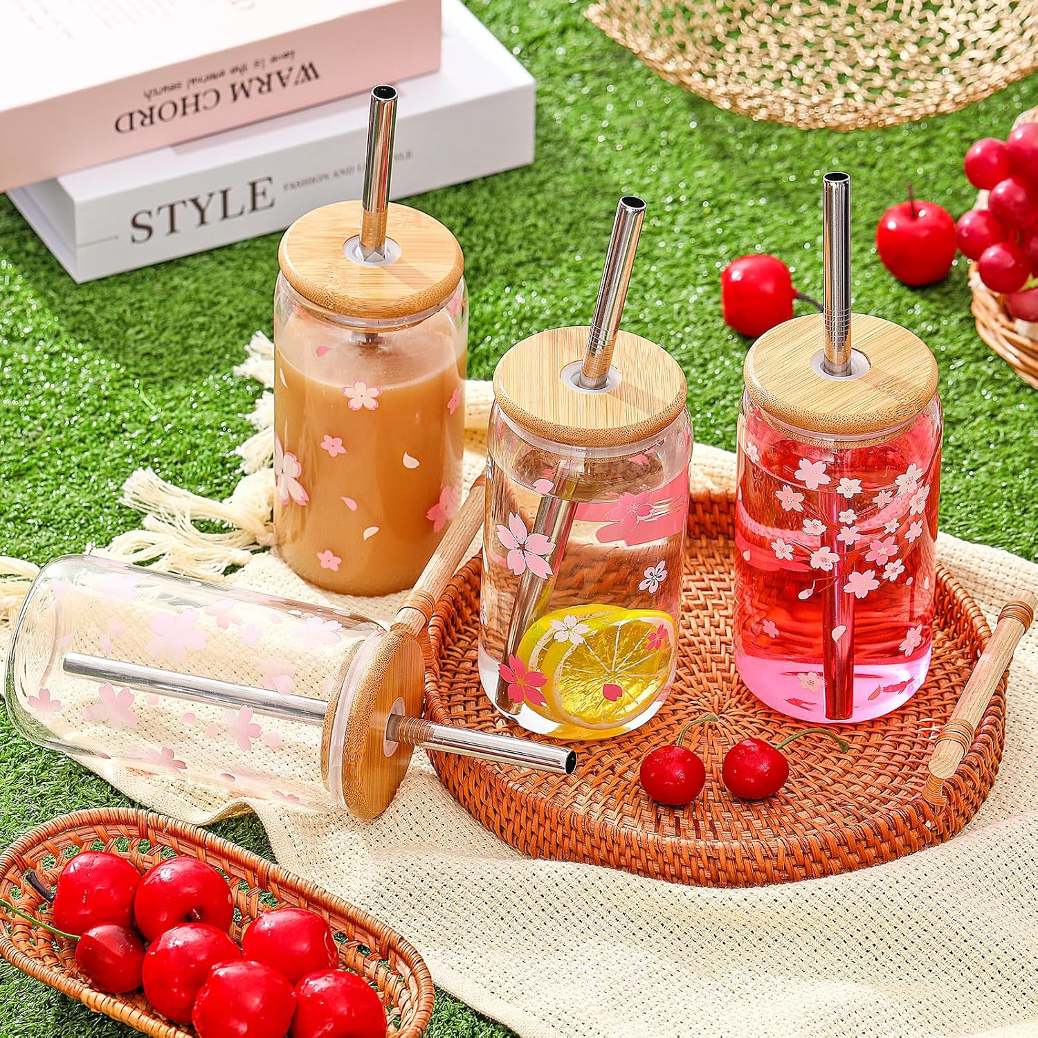 Zhehao 4 Pcs Glass Cups with Lid and Straw Cherry Cute Bubble Tea Cups 16oz Iced Coffee Mason Jar Kawaii Sakura Tea Tumbler Reusable for Christmas Women Birthday Graduation Gift - Image 3