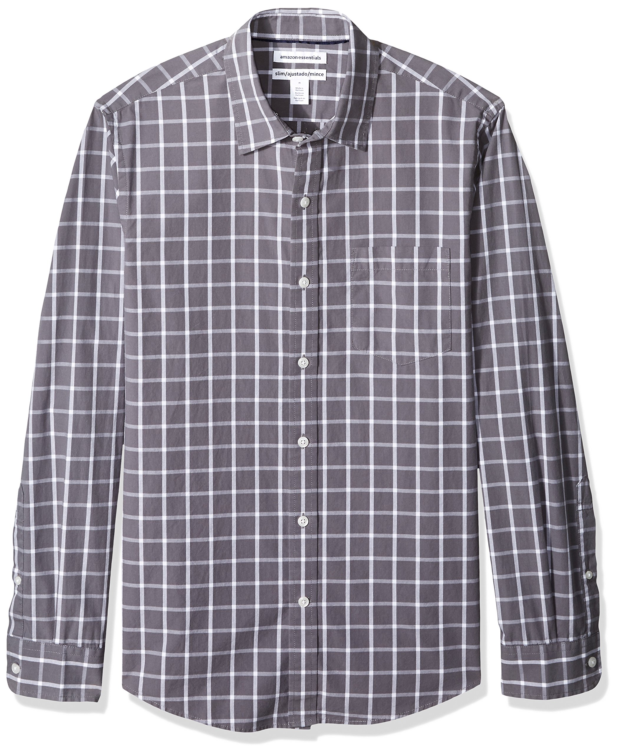 Amazon Essentials Men's Slim-Fit Long-Sleeve Plaid Shirt, Grey Windowpane, Medium