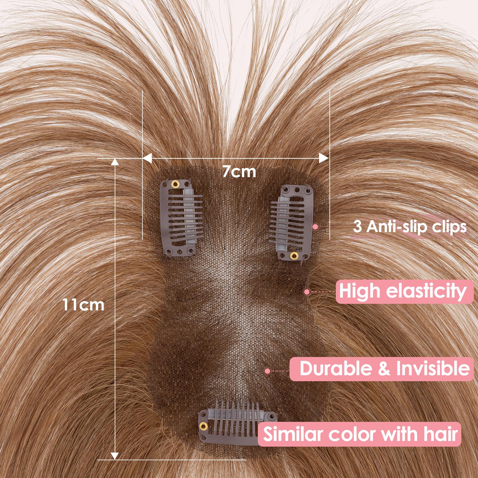 S-noilite Hair Toppers for Women Human Hair with Air Bangs - 7x11cm Hand-stitched Base 360° 3D Coverage Natural 14g (Light Brown #6) - Image 4