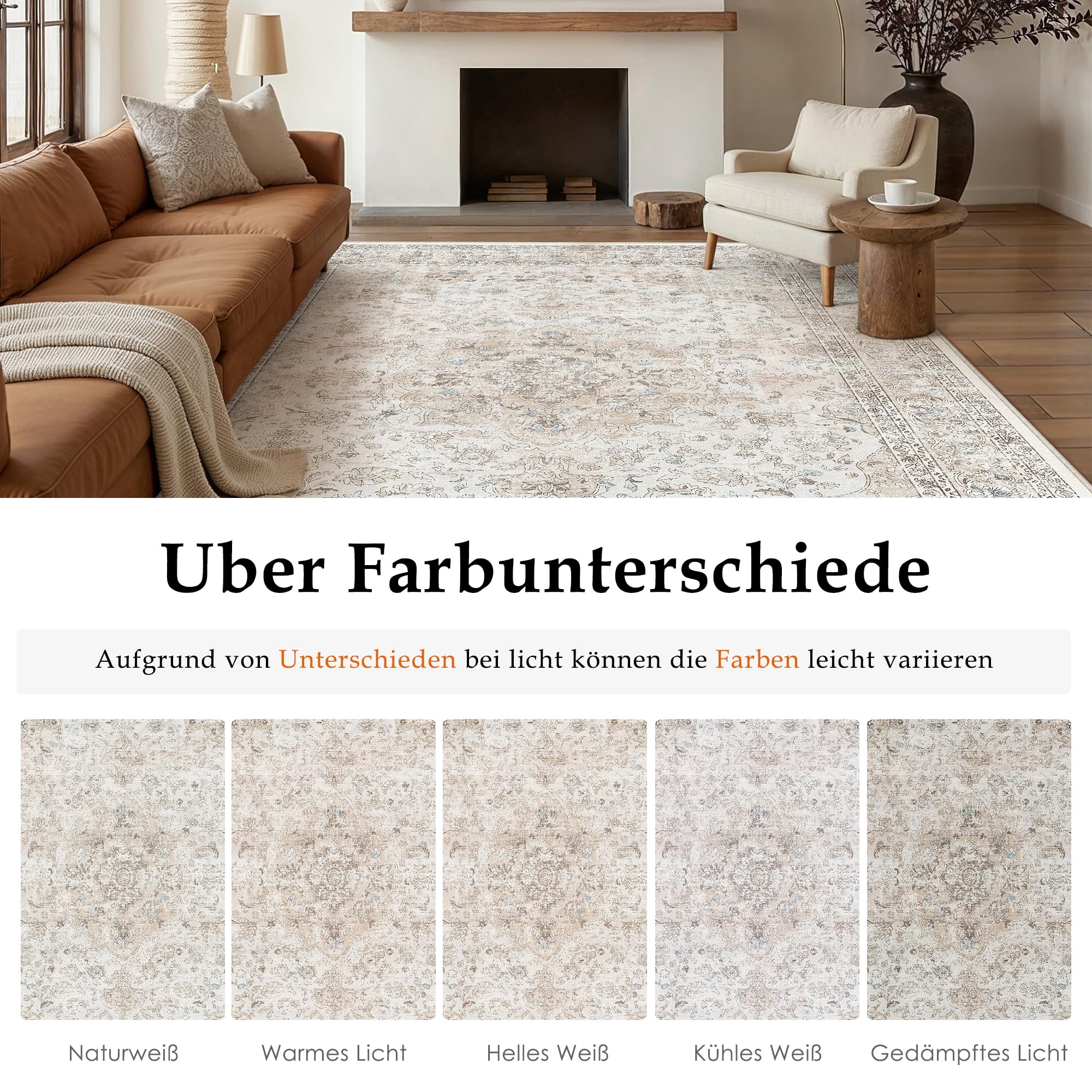 PureCozy Teppich Wohnzimmer 200x300cm Beige Waschbarer Vintage Cream Wohnzimmerteppich kurzflor rutschfest Weich Groß Retro Carpet für Schlafzimmer Esszimmer Bedroom Living Room Büro