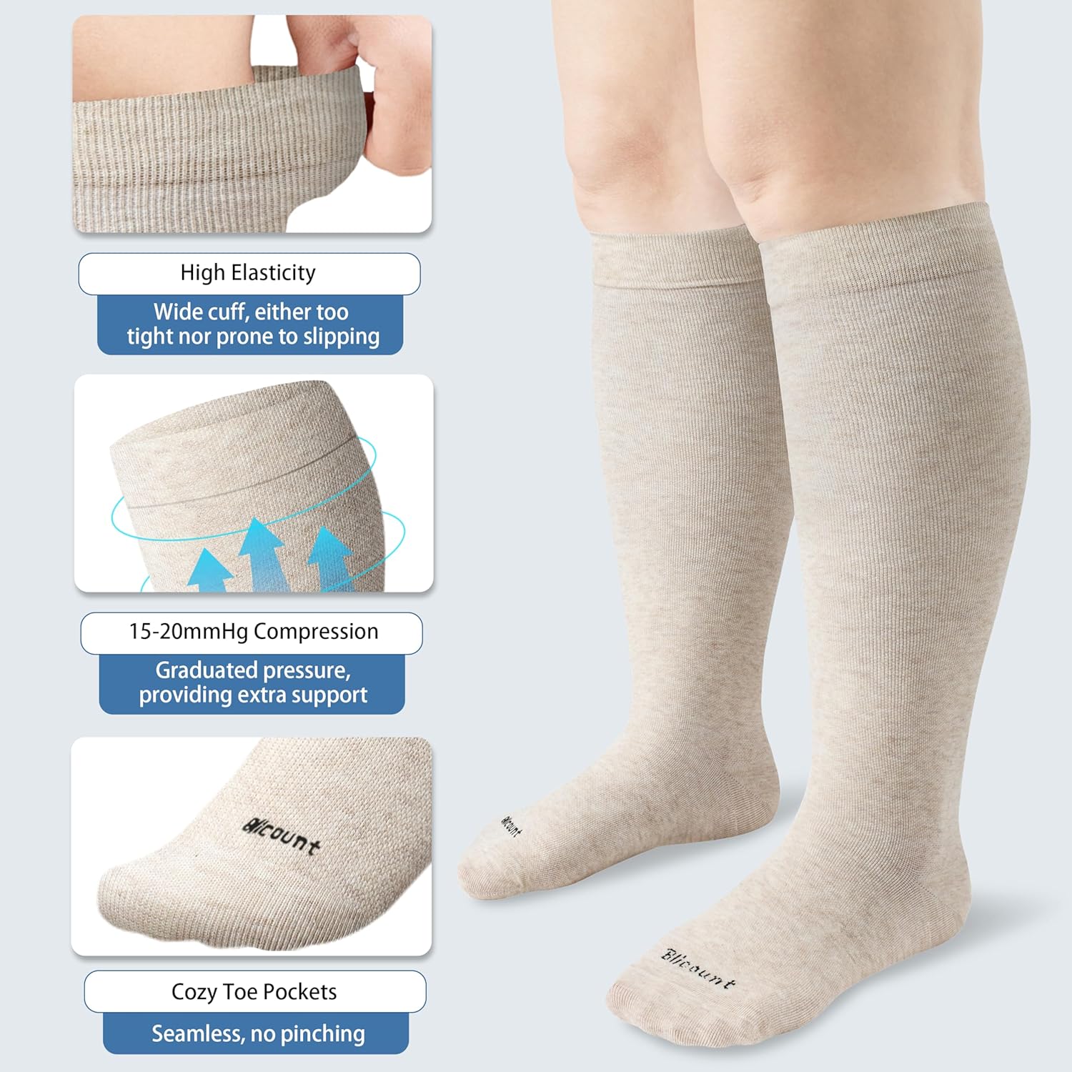 Cotton Plus Size Compression Socks for Women&Men Wide Calf 15-20 mmHg Knee High Soft Sock for Nurses, Pregnancy - Image 3