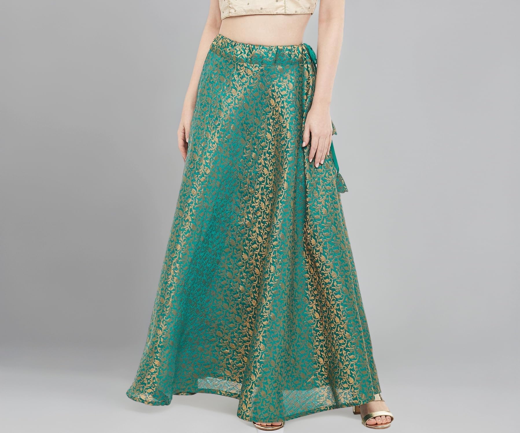 Studio Shringaar Women's Polyester Maxi Benaras Brocade Readymade Long Skirt Lehenga Ghagra