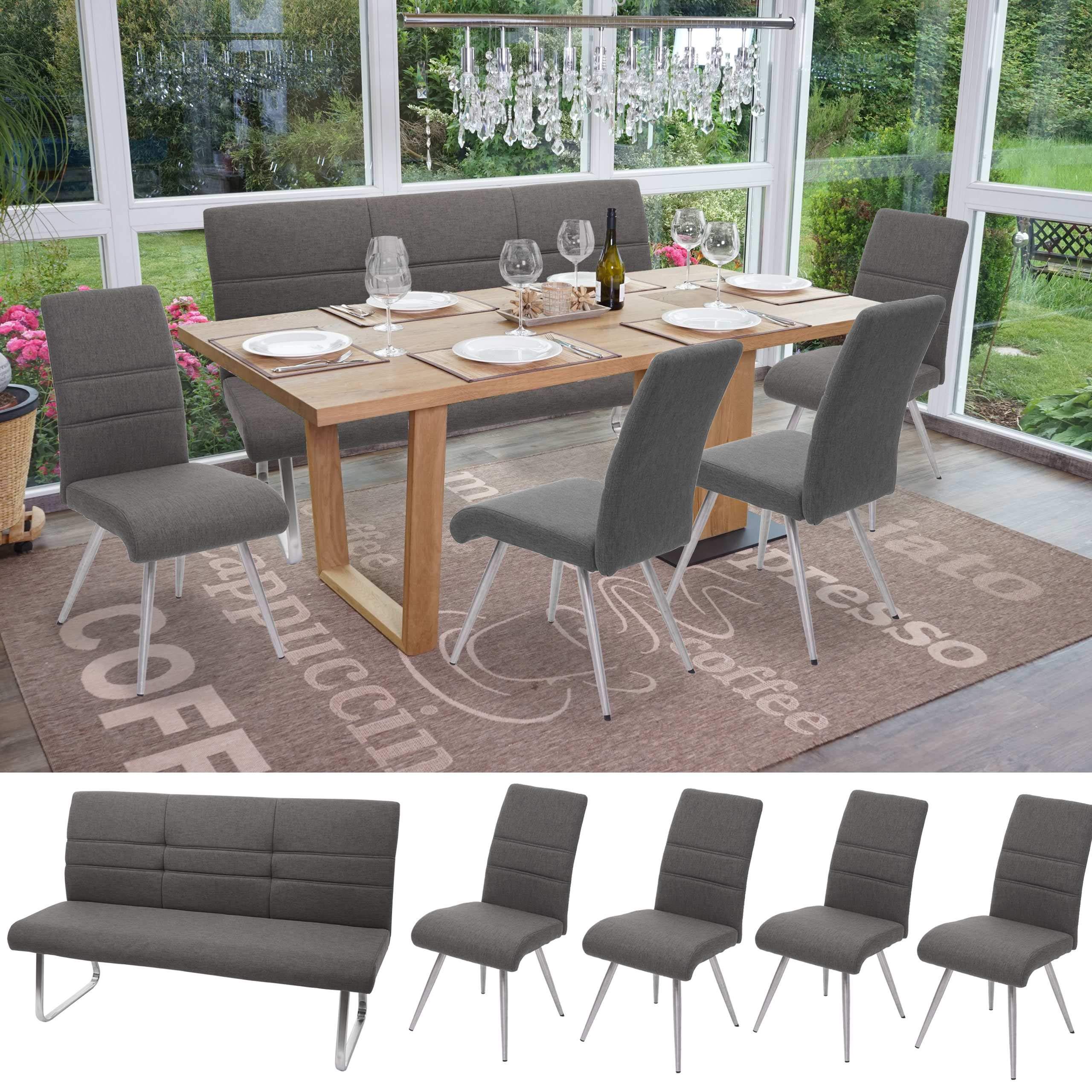 Mendler Set 4X Esszimmerstuhl+Sitzbank HWC-G55 - grau-braun Bank 180cm