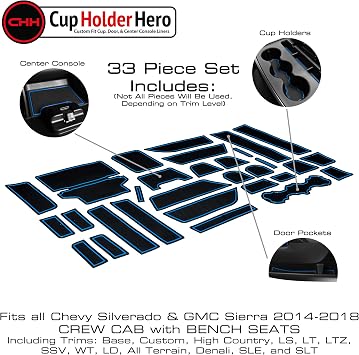 CupHolderHero Fits Chevy Silverado 1500 and GMC Sierra 2014-2022 - Custom Non-Slip Anti-Dust Cup Holder Inserts, Center Console Liners, Door Pocket Mats, 33pc Set, Crew Cab, Bench Seats, Blue Trim