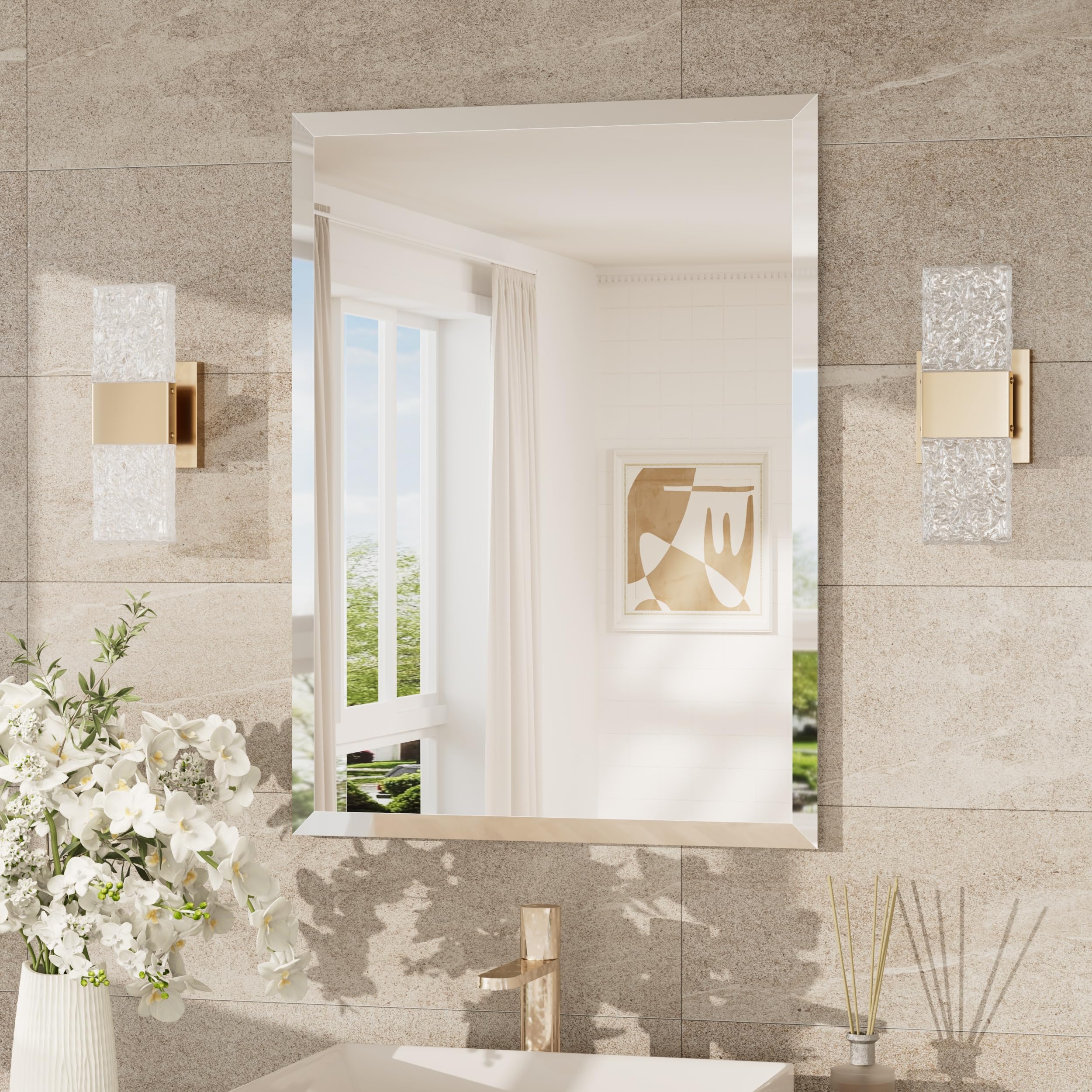 Keonjinn Frameless Bathroom Mirror 55x75cm, Wall Mounted Mirror With Bevelled Edge Design, Rectangular Vanity Mirror for Bathroom, Hallway, Living Room — image 1