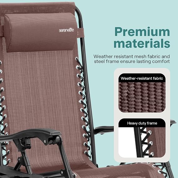 SereneLife Outdoor Zero Gravity Lounge Chair Set with Table 2 Adjustable Recliners with Cup Holders, Headrest, Steel Frame & Foldable Design for Patio, Pool, Garden, or Camping