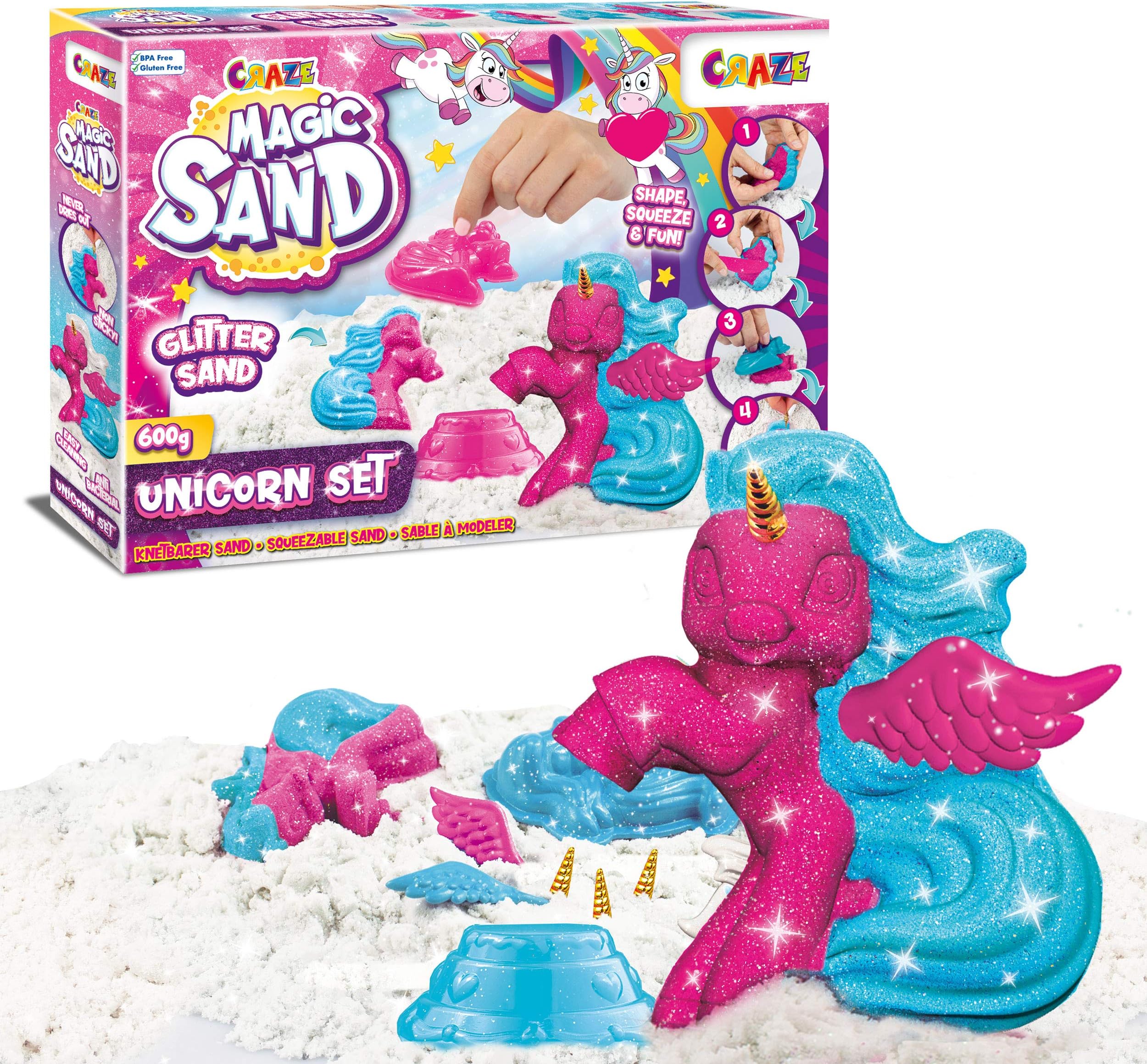 Magic Sand Unicorn Set, Kinetic Sand with Glitter, 600 g, Children's Craft Set with Kneading Sand & Unicorn Shapes, Tri-Colour Unicorn Magic Sand