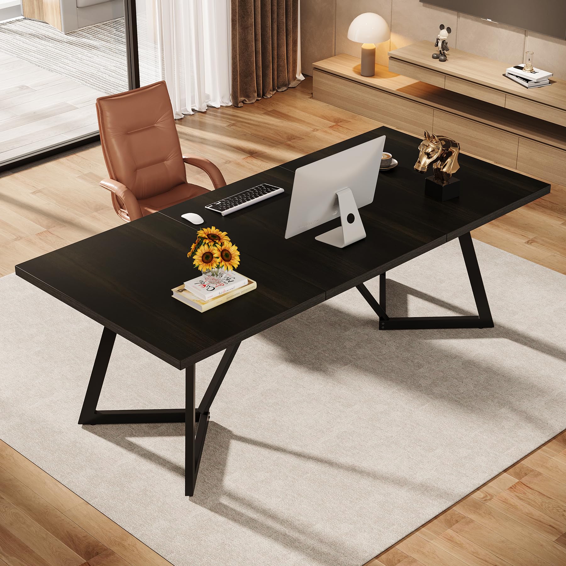 Tribesigns Scrivania moderna per computer, 180 cm, grande scrivania da ufficio con telaio in metallo, scrivania rettangolare per laptop, studio, scrivania per casa e ufficio (nero)